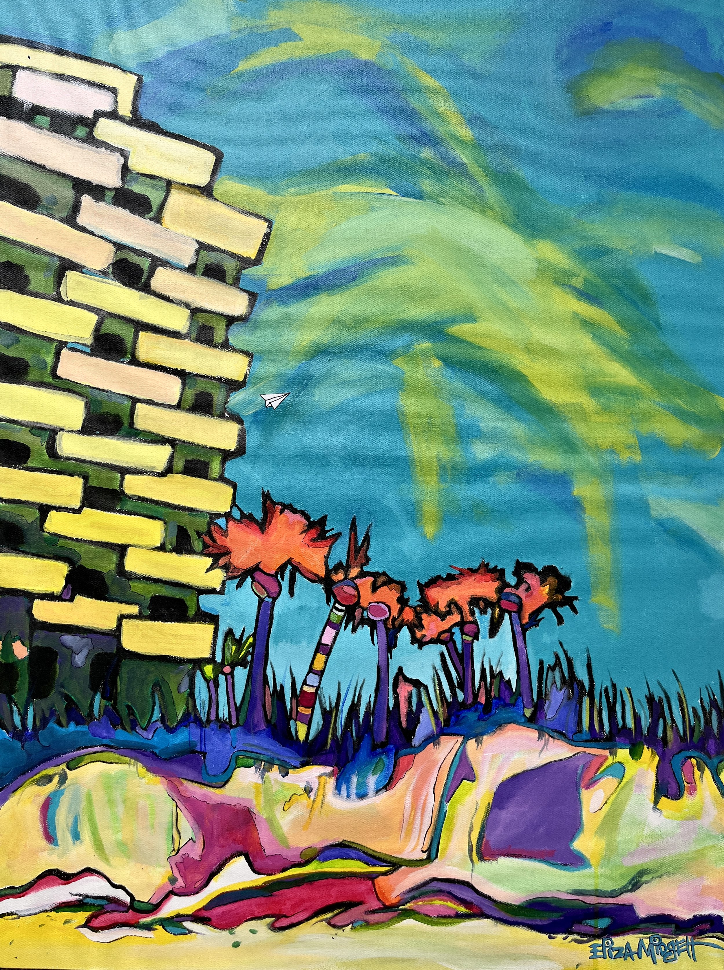 *Where did the Dunes go?
30 x 40 
*available 
This mid-century-inspired, surreal patterned building stands along the fragile dunes as they slowly disappear. Shadows and roots carve across the collapsing sand in brilliant color. A lone paper airplane 
