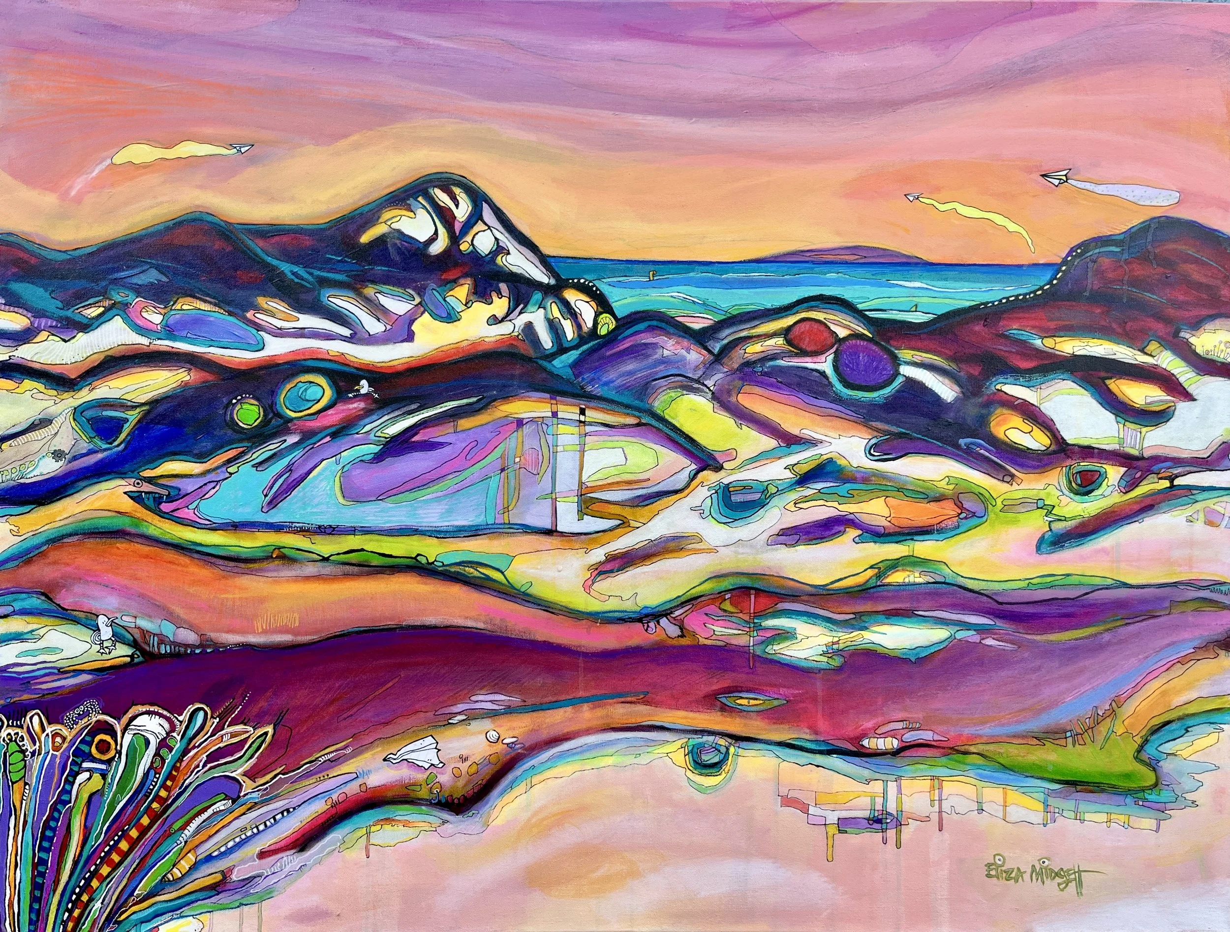 the Playground
36 x 48 
$3000.
SOLD
The sand dunes were my playground as a child. In this piece I played with the paint as I worked, capturing the drips to create mini designs within the organic composition. There are many hidden “Easter eggs” to be 