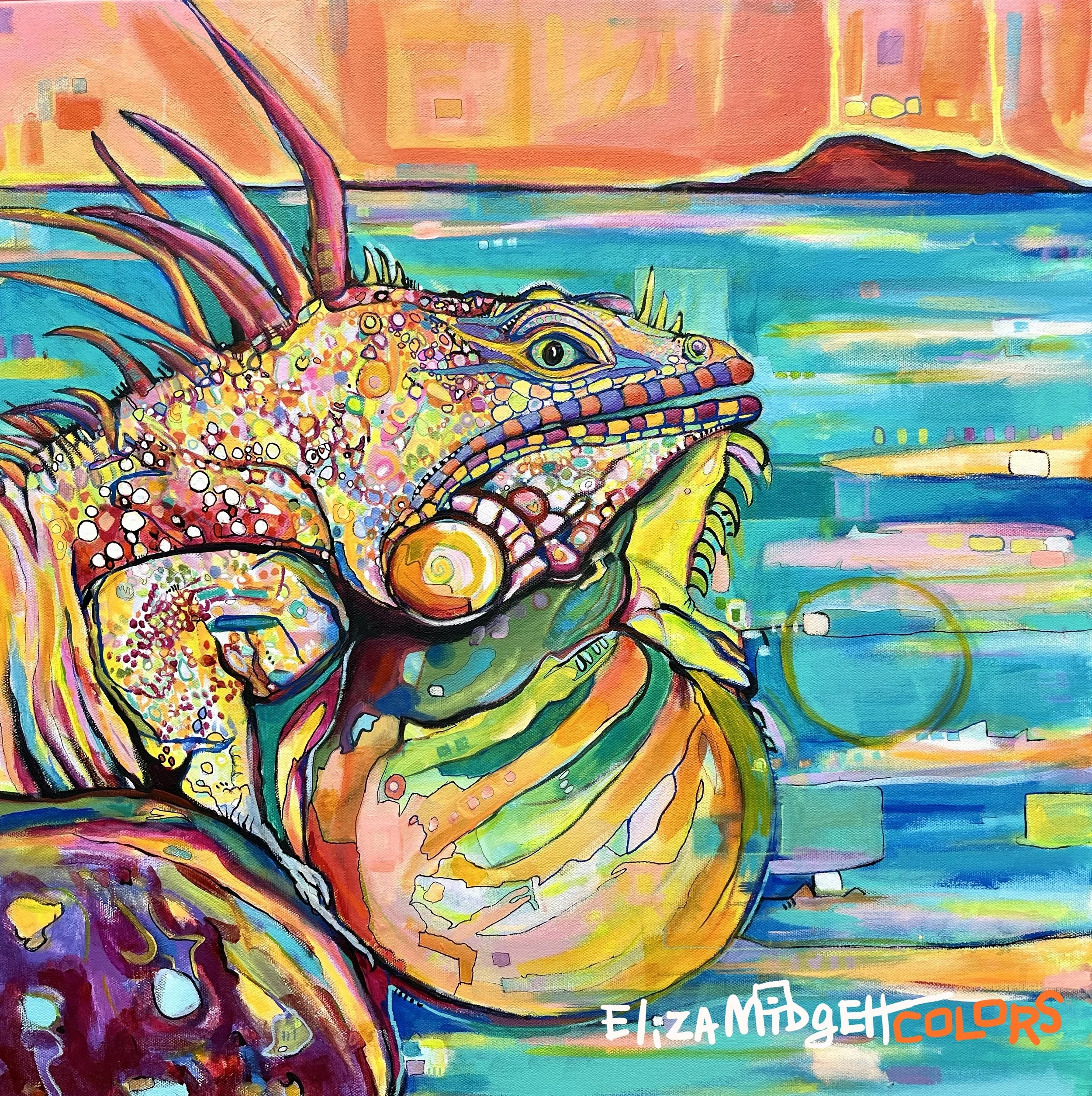 Orville the Iguana
24 x 24
SOLD
Orville dreams of living on the island and he will make it happen. It’s manifest destiny. Intricate geometric patterns carry from the iguanas skin throughout the painting into the sea, and the sky with intense color. 