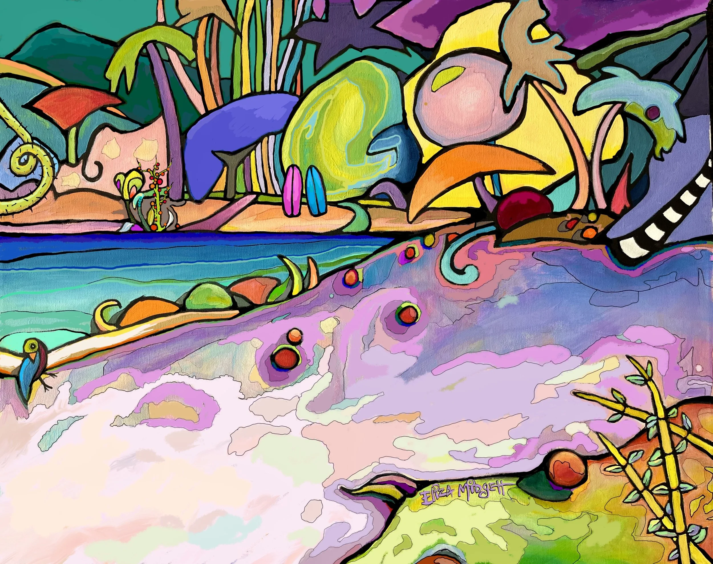 In the Violet Jungle.  SOLD
This scene is from a beach on Maui, complete with the tropical, misty feeling of the north shore where it rains every day, and the plants and flowers grow to massive proportions out in the wild.
Original Sold, giclee's ava