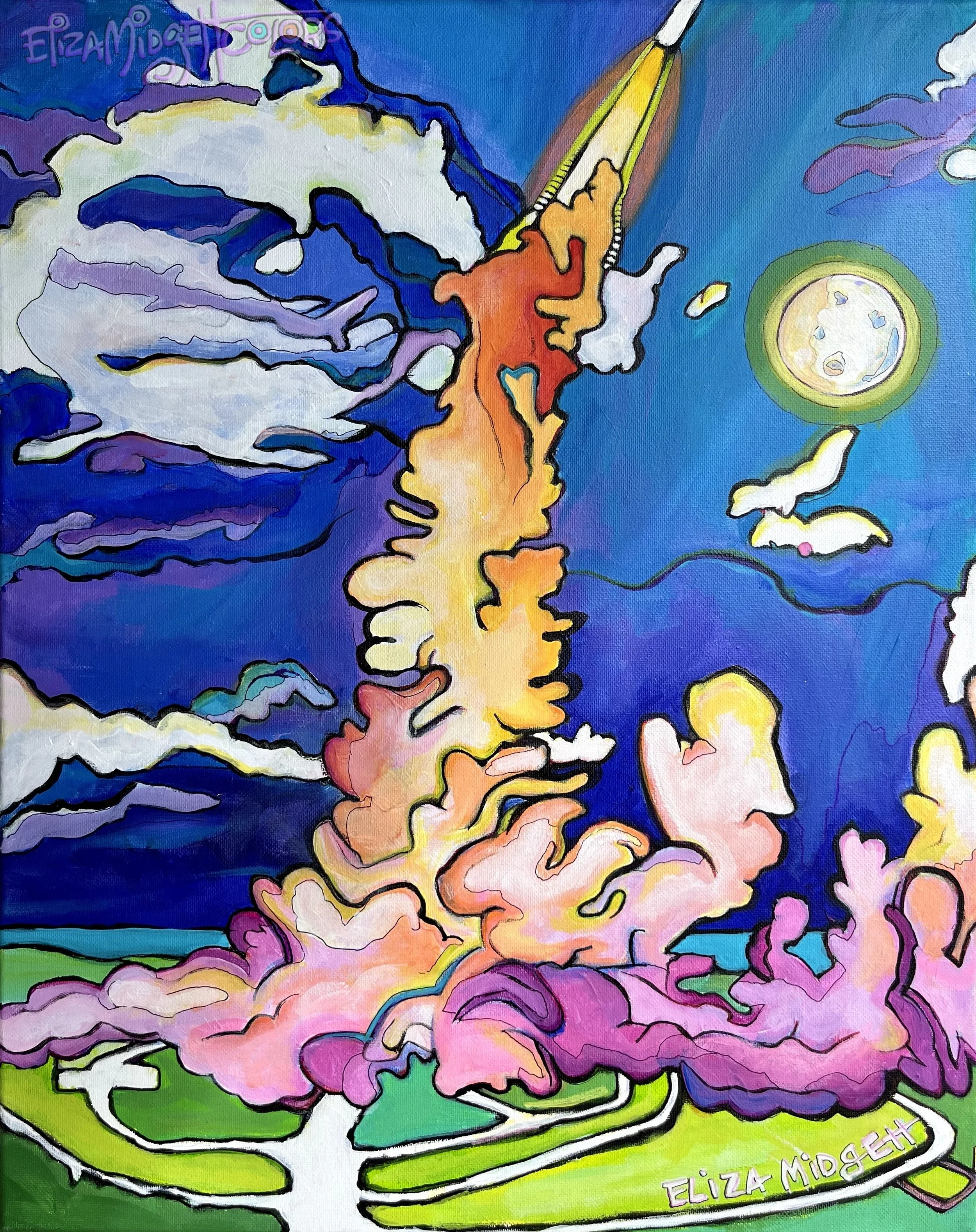 Dreamsicle Lunar Launch SOLD
Done in honor of our space program here on the “space coast” of Florida. I am in awe of what they are accomplishing. 
Original Sold, giclee's available.