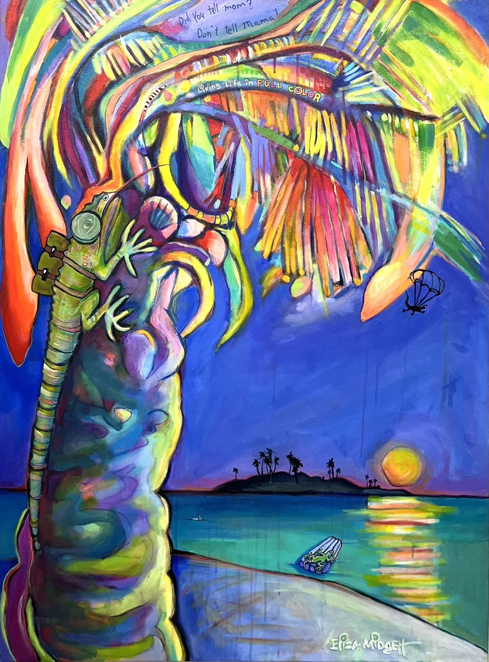 Living life in full color
36 x 48

SOLD

At first glance, you see a towering palm tree bursting with kaleidoscopic color—but look closer. Iguanas are parachuting through the deep blue sky, or paddling bravely toward “Chicken Island” in the moonlight.