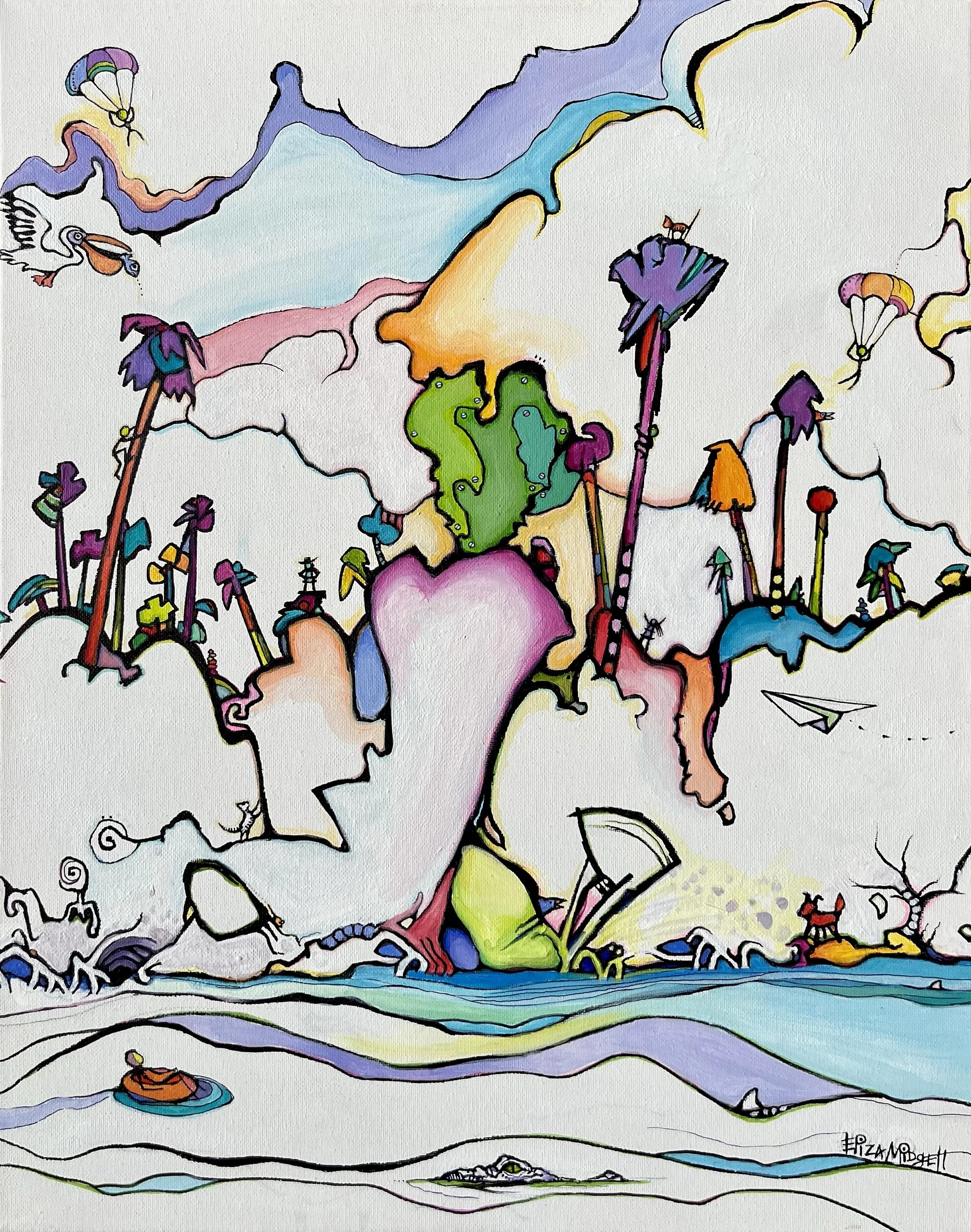 Rescue on Chicken Island. SOLD
Inspired by Dr. Seuss, it reveals our journey in life, and what may or may not happen along the way. Will the girl be rescued by the paper airplane? What will happen to the fish? The stick man in the tube? Will the bolt