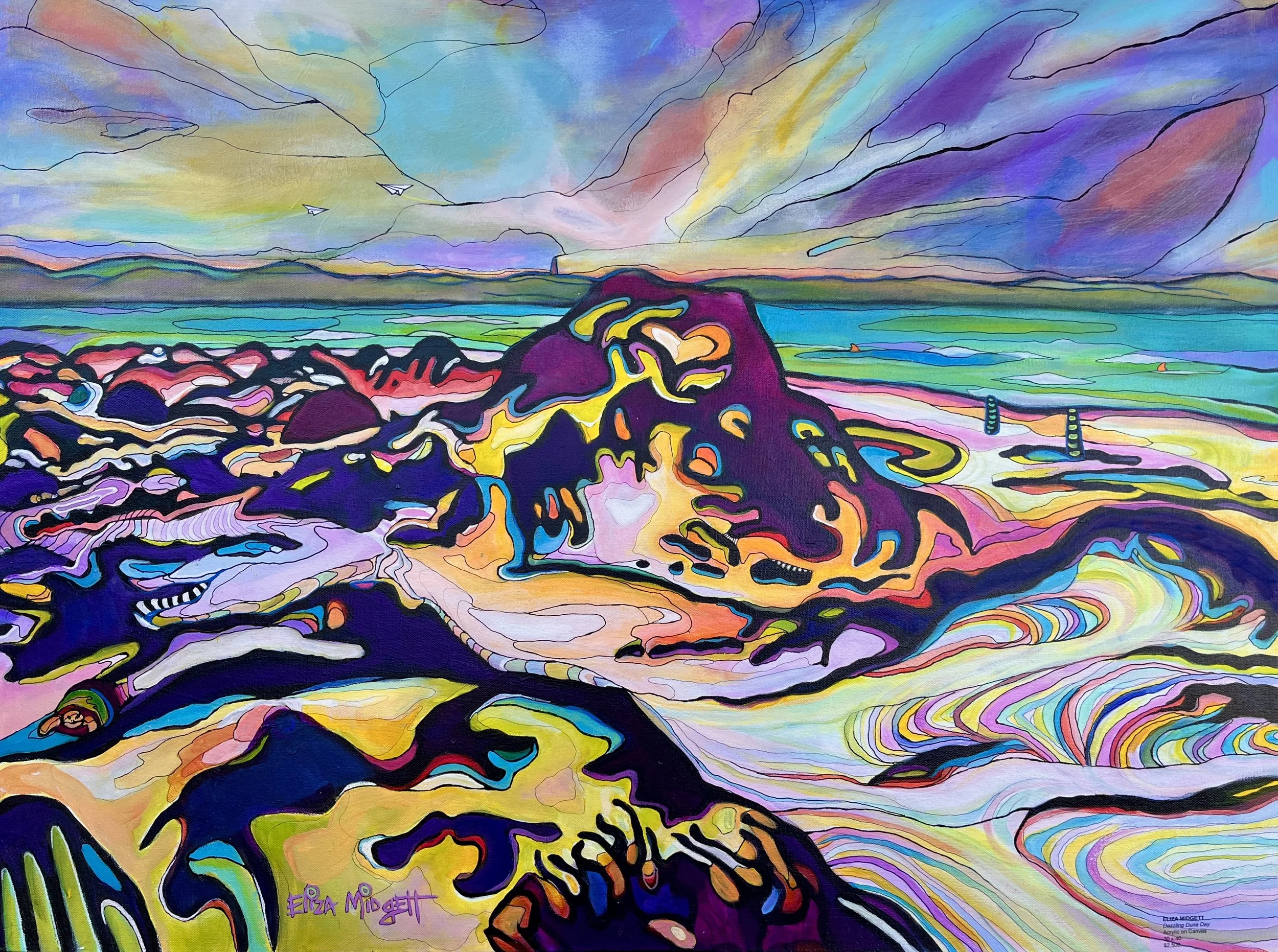 *Dazzling Dune Day 
30 x 40 Acrylic on Canvas
*Available framed $3000.
We enjoy this view at the tip of the island overlooking the inlet & the lighthouse. We usually see sharks in the inlet, and on this day, the wind had blown the sand into ridges-mi