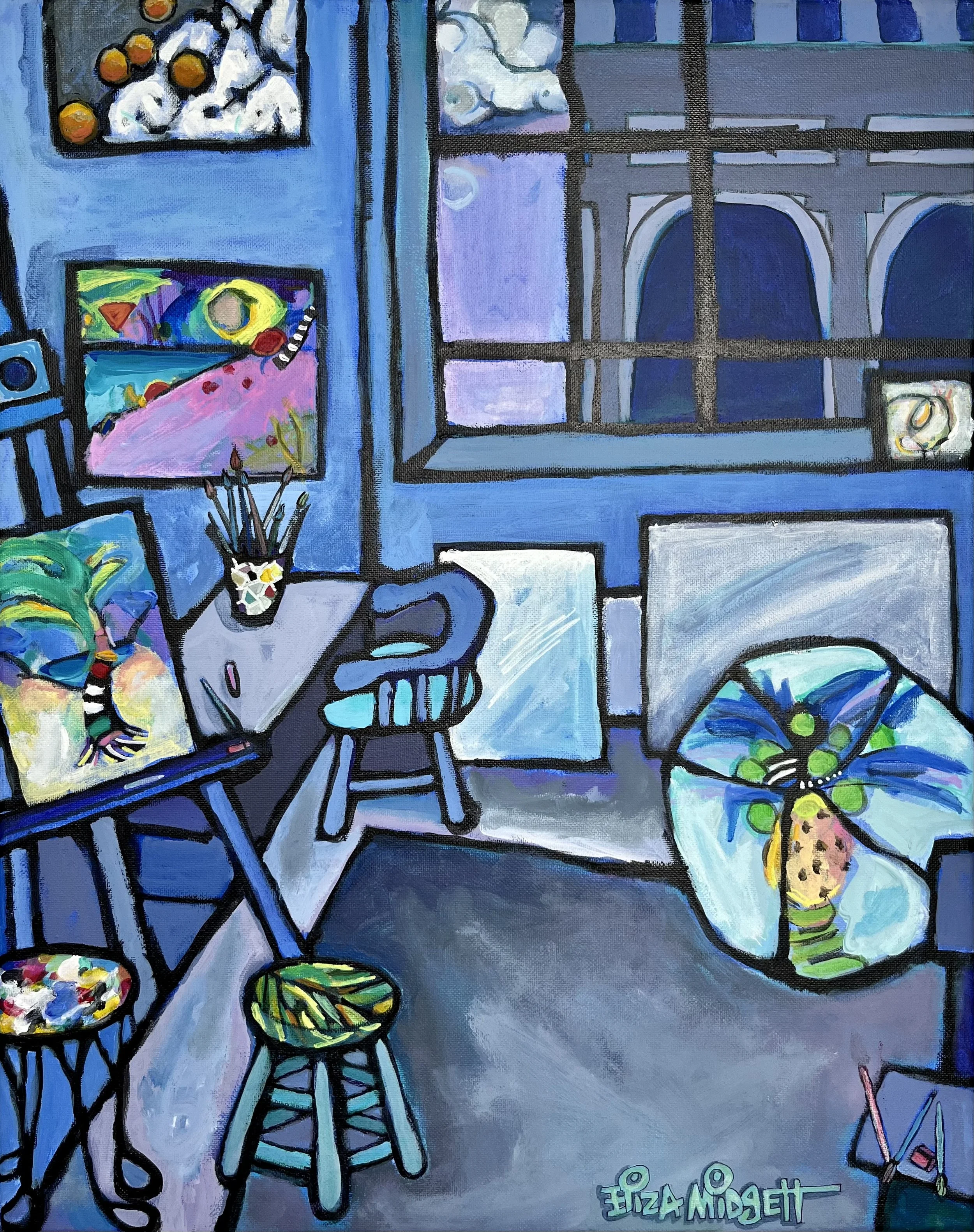 *The Blue Studio
16 x 20
Acrylic on canvas 
Sold
My first studio upstairs complete with my canvases scattered on the easel and the walls. My hand painted umbrella is propped on the floor, and a fluffy cloud looms outside the window.