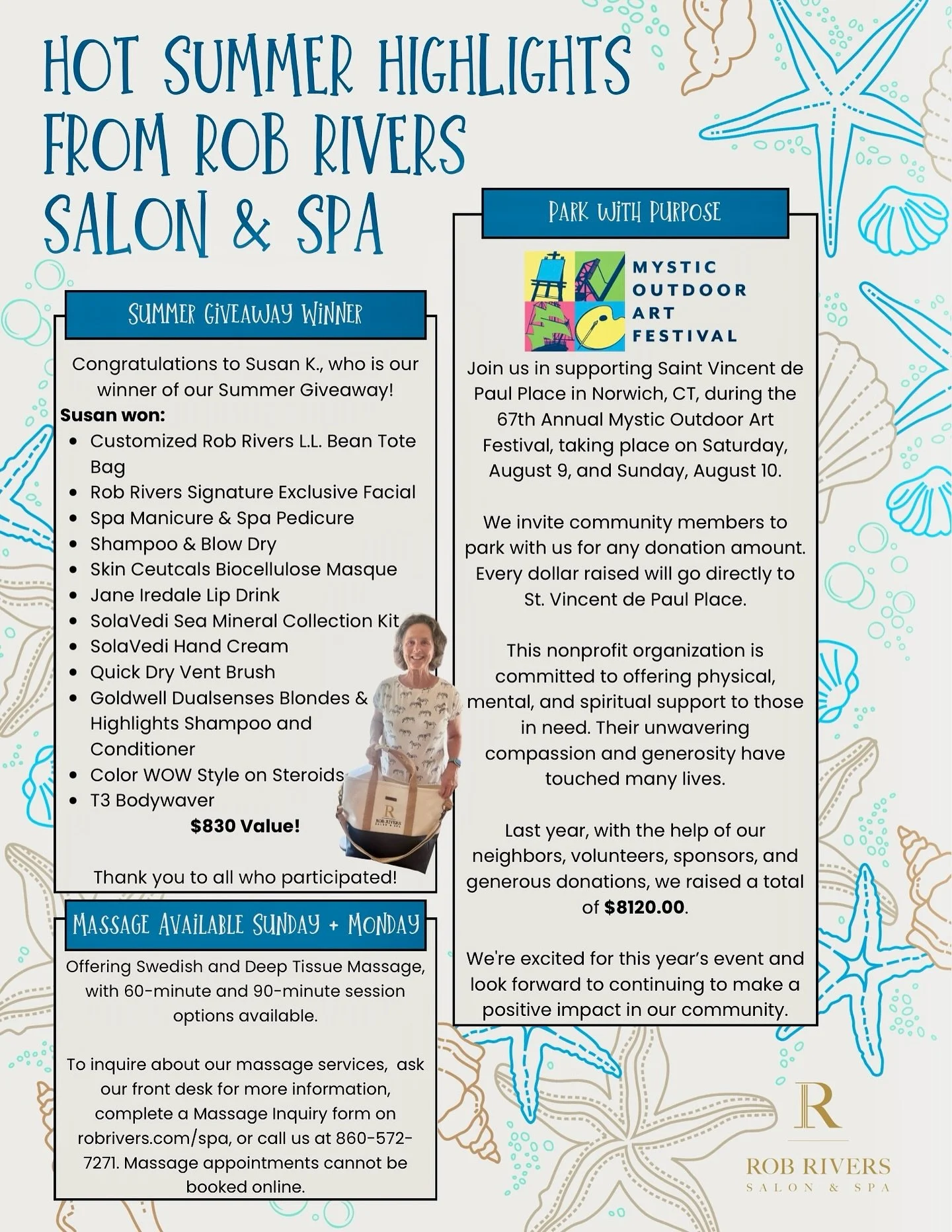 ✨ Hot Summer Highlights! ✨
We&rsquo;re turning up the summer heat at Rob Rivers Salon &amp; Spa, and there&rsquo;s so much to celebrate! 🌴

🎉 Congratulations to our Summer Giveaway winner, @susankietzman!🎉
She scored an amazing L.L. Bean customize