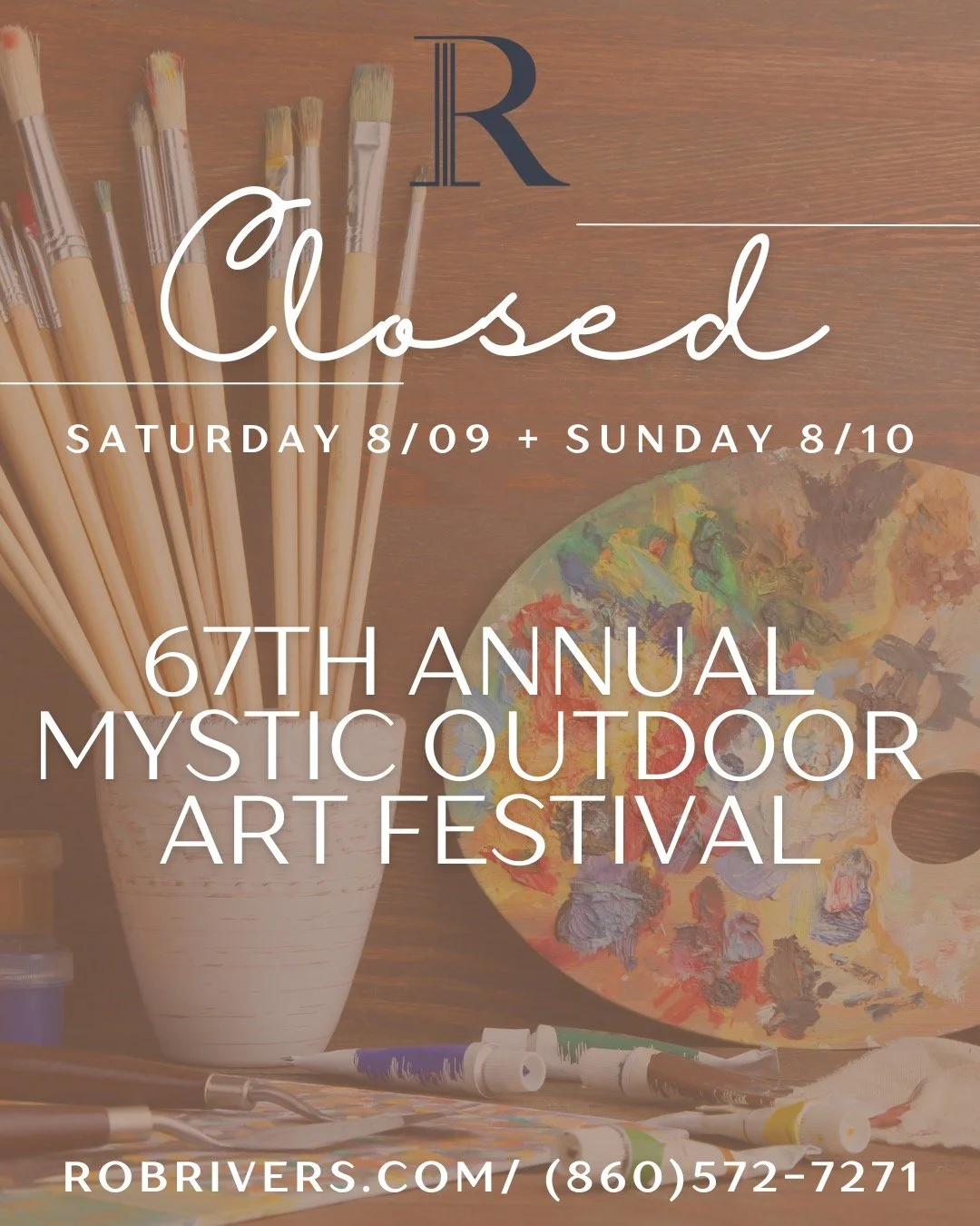 🎨 Rivers Salon &amp; Spa will be CLOSED on Saturday, August 9, and Sunday, August 10 for the 67th Annual Mystic Outdoor Art Festival.

During this time, we&rsquo;ll be taking part in our Annual Community Outreach. We invite community members to park