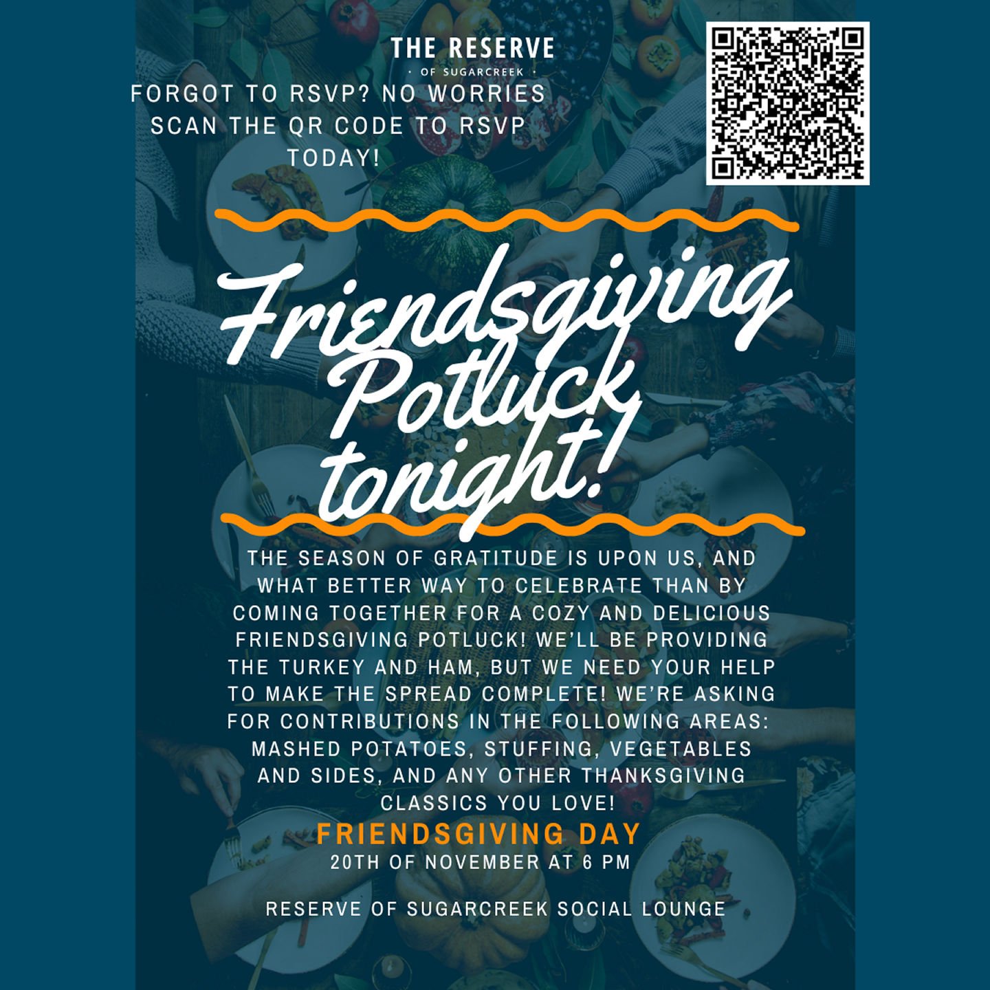 Gather &lsquo;round, friends! 🕯️🍂 Friendsgiving potluck is TONIGHT &mdash; bring your dish, your smile, and don&rsquo;t forget to RSVP!