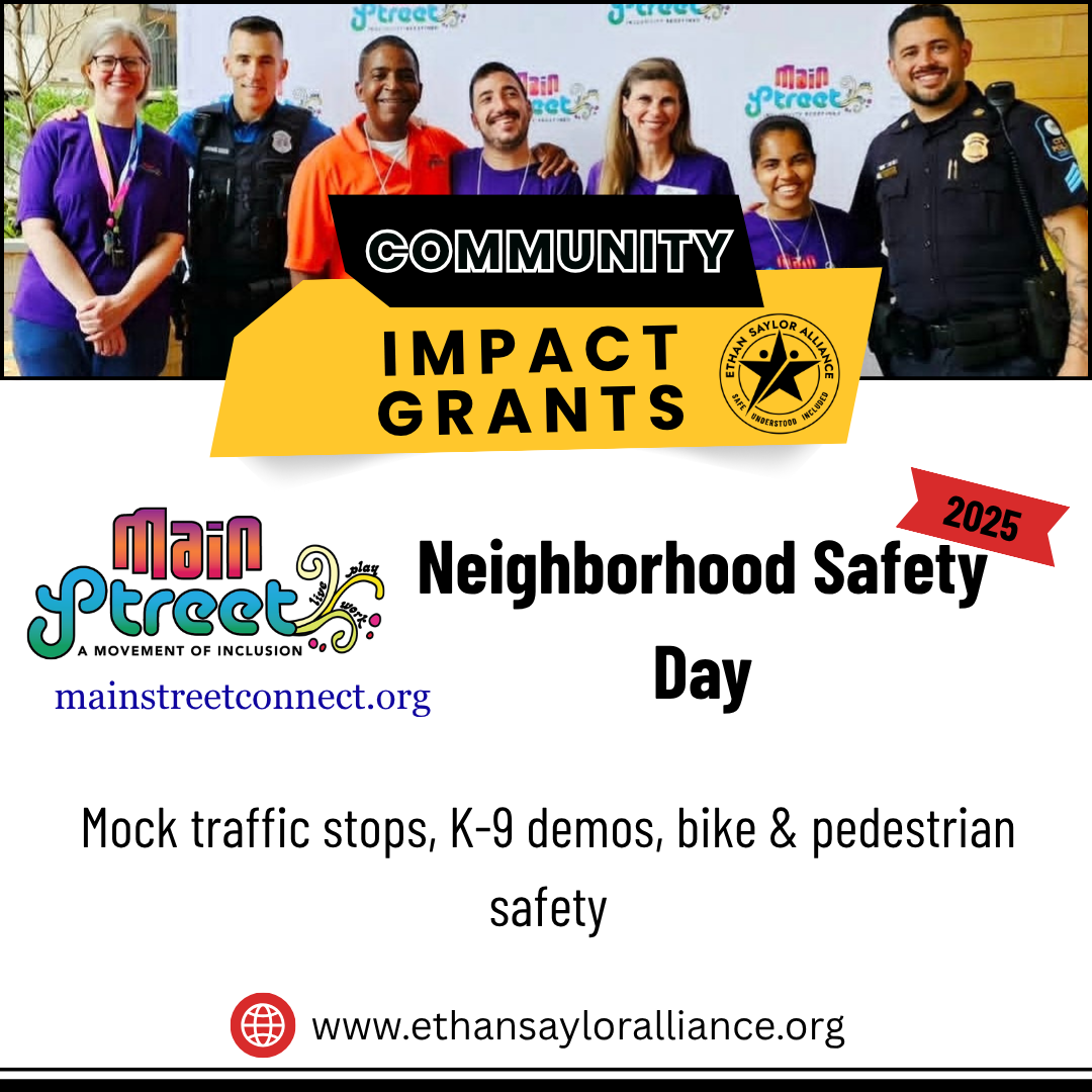 Social media flyer: Main Street organized a neighborhood safety day with local police and offered mock traffic stops, k-9 demos, and bike and pedestrian safety