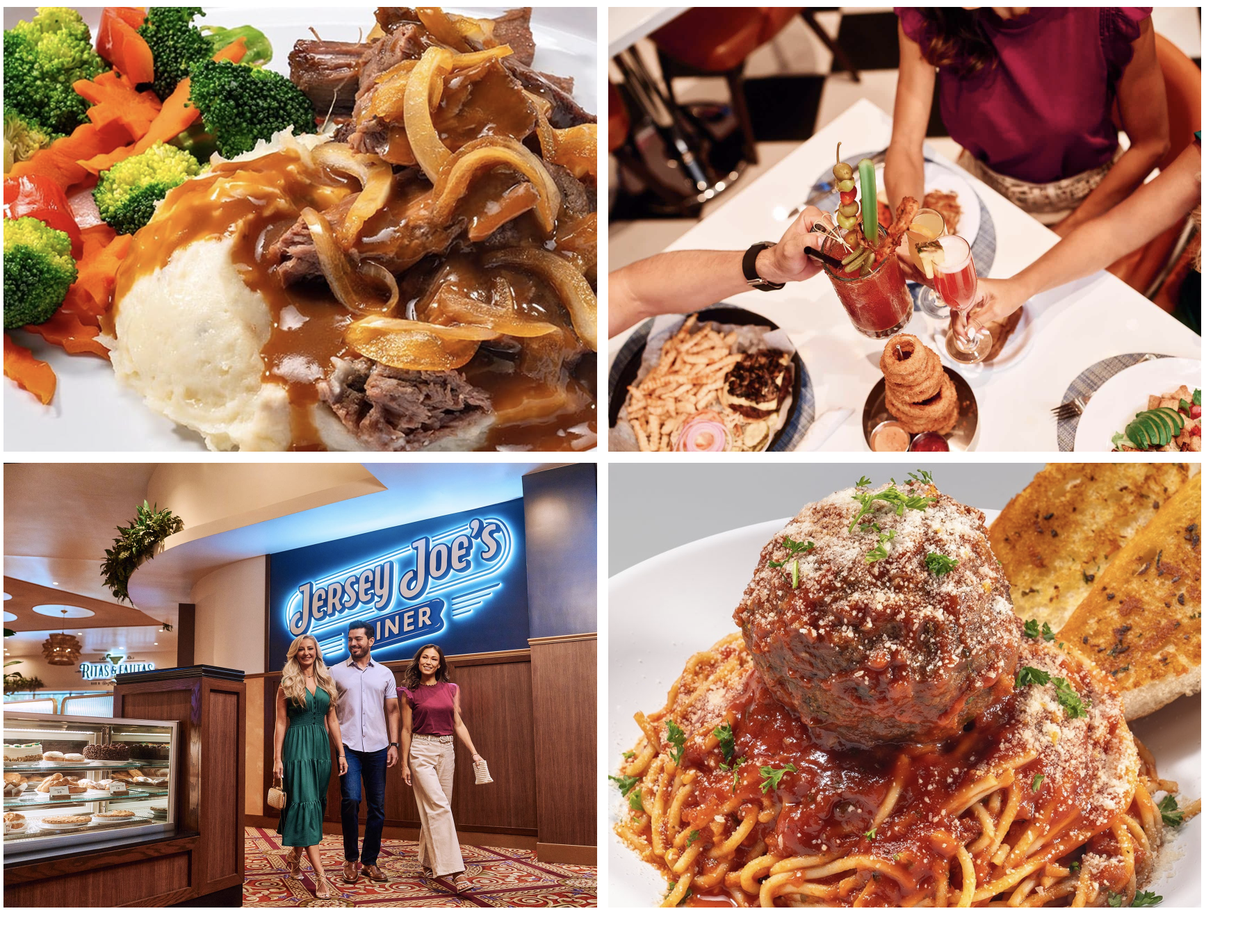 Top left: Plate of mashed potatoes with beef, gravy, onions, and steamed broccoli, carrots, and red bell peppers. Top right: Pouring drinks at a dining table with appetizers and cocktails, two women celebrating. Bottom left: Three people walking into Jersey Joe's Diner, neon sign visible. Bottom right: Plate of spaghetti with meatballs, topped with Parmesan cheese, served with garlic bread.