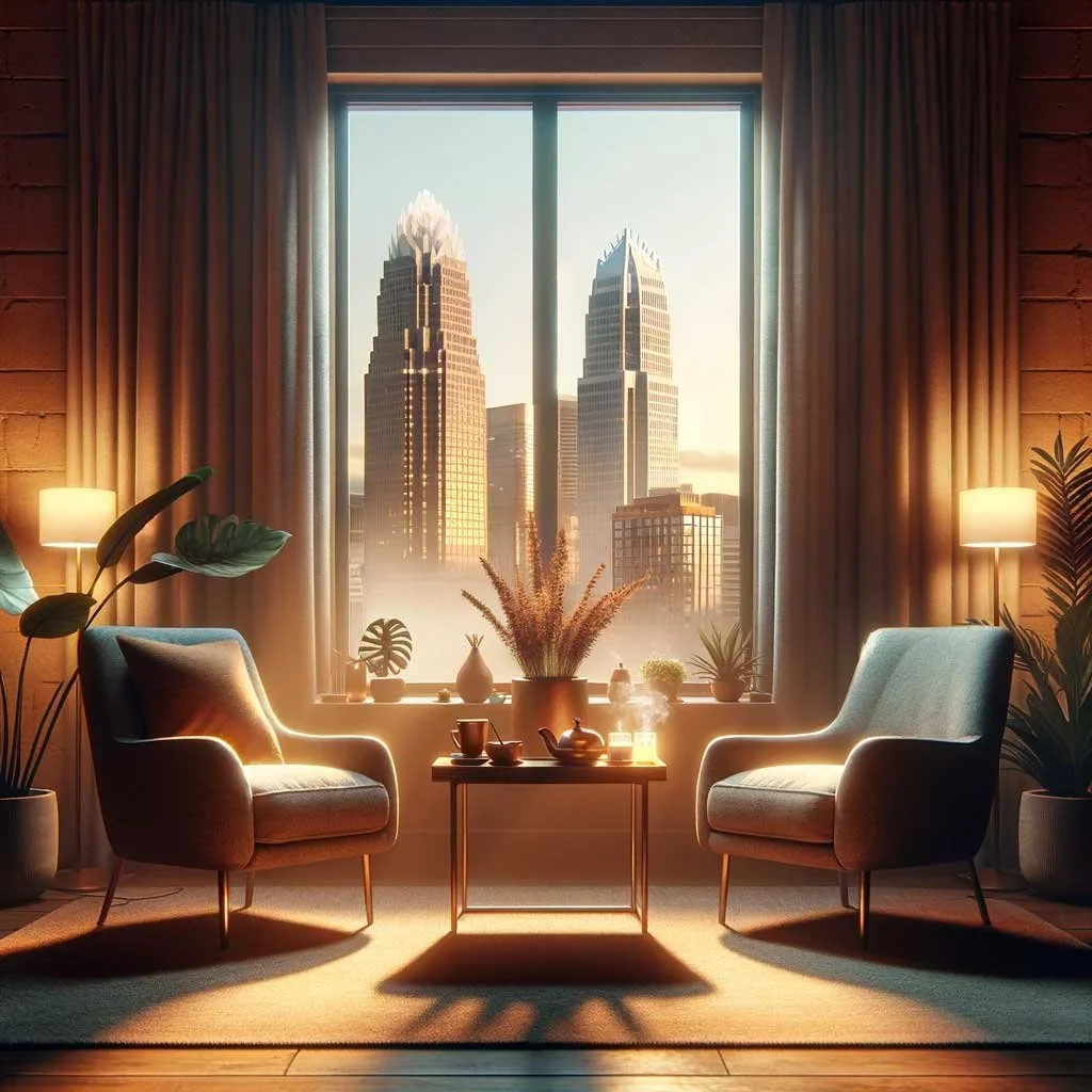 A warm, inviting in-person healing session space in Charlotte, NC