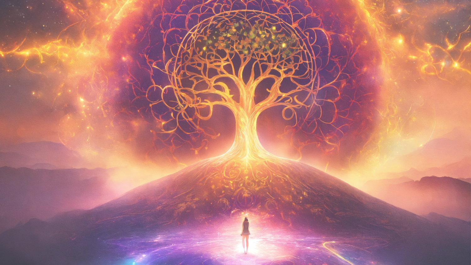 12th Dimensional Healing™ artwork: a radiant tree of light rising above a figure standing in the Unified Field