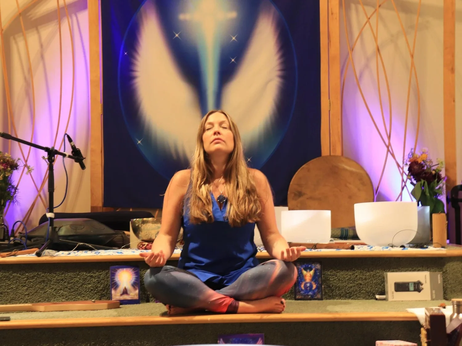 Katie Sutton in meditation, channeling during a sound healing retreat