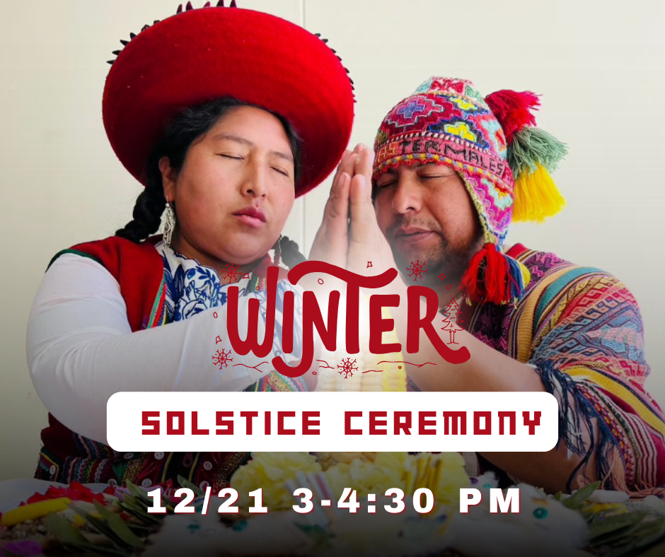 Two people dressed in traditional Mexican clothing, participating in a solstice ceremony, with the word "Winter" and event details overlaid.