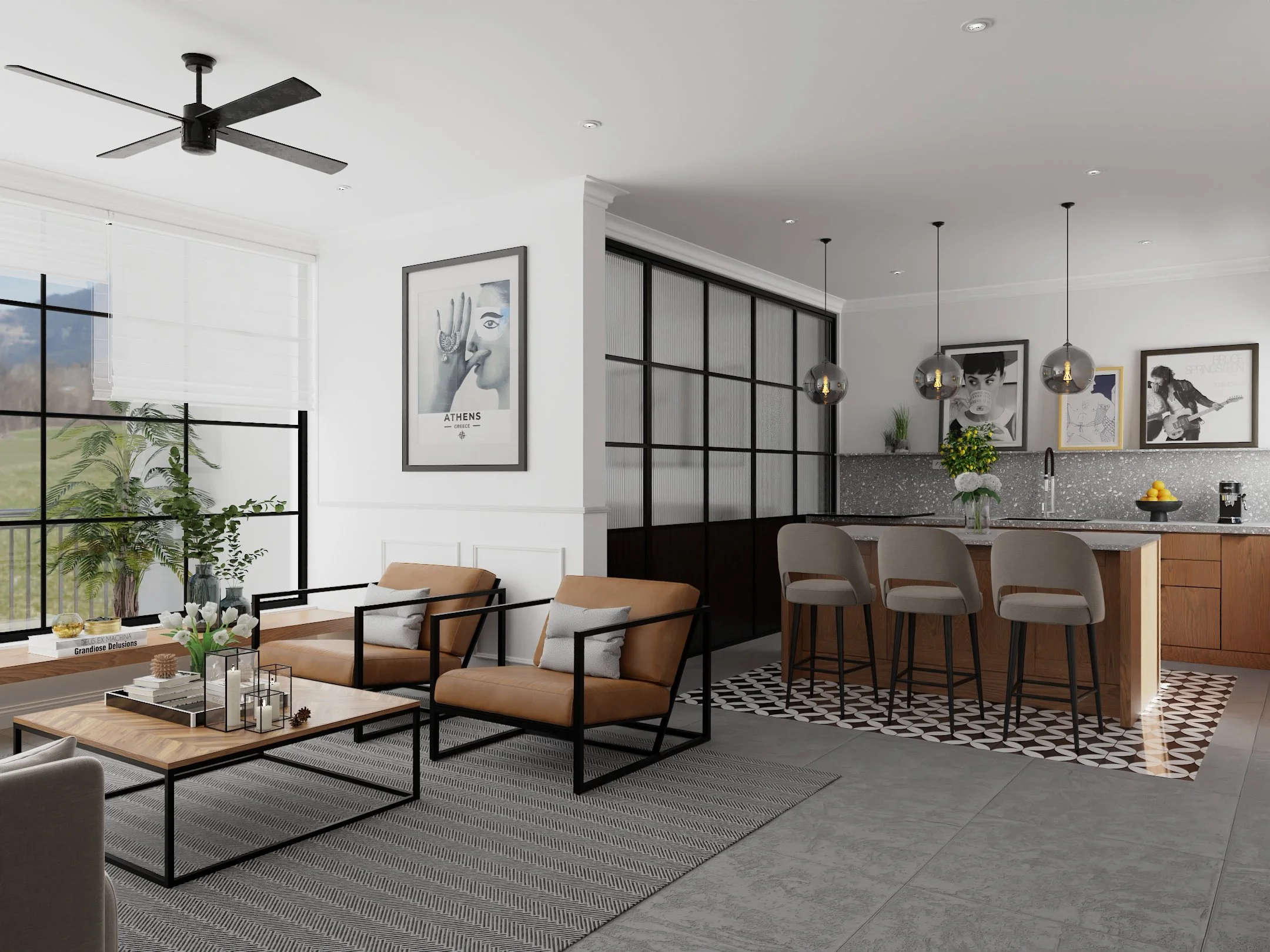 OPEN PLAN KITCHEN & LIVING AREA IN ONE BEDROOM FLAT IN CENTRAL ATHENS