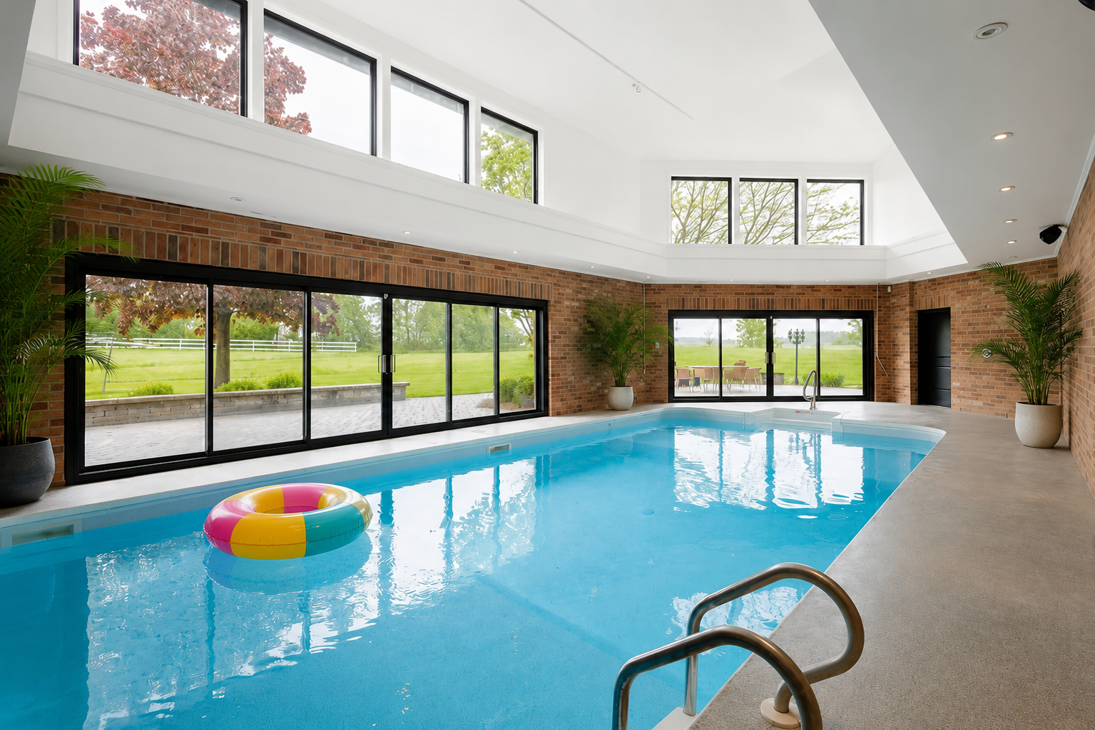 Indoor swimming pool with large windows, brick walls, and natural light.