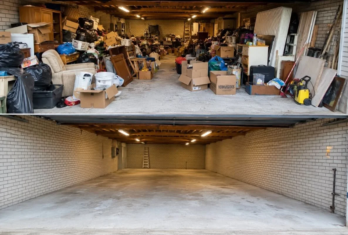 De bovenste helft van de afbeelding toont een rommelige garage vol met spullen, meubels en dozen. De onderste helft toont een schone, lege garage met nette, gestucte muren en een lege vloer.