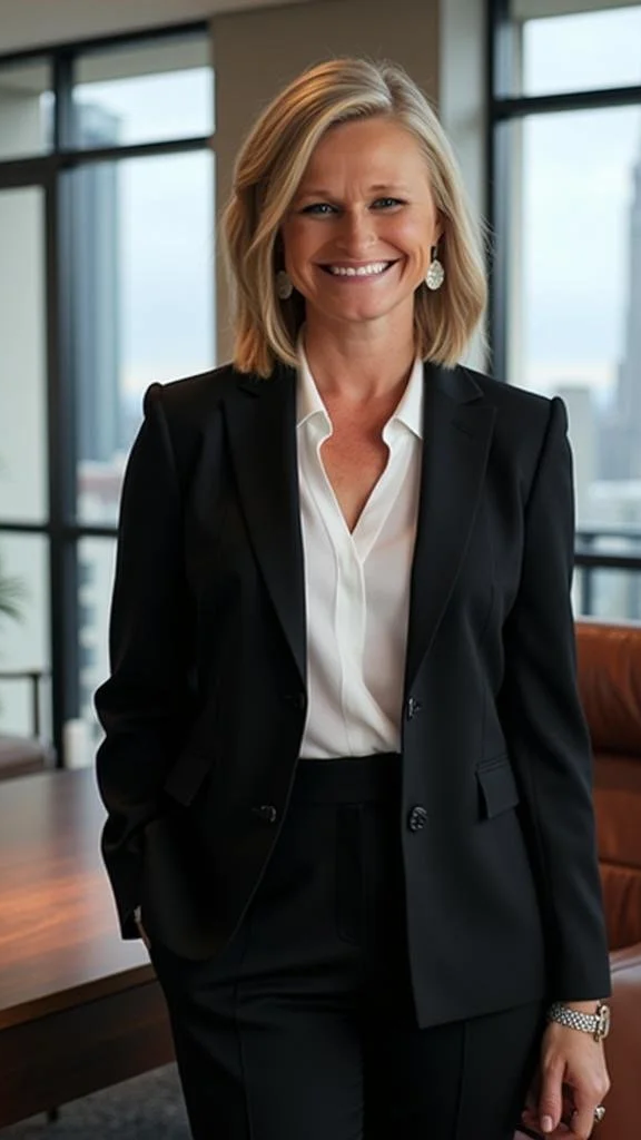 A professional woman with blond hair wearing a black suit and white blouse, smiling in a modern office with large windows.