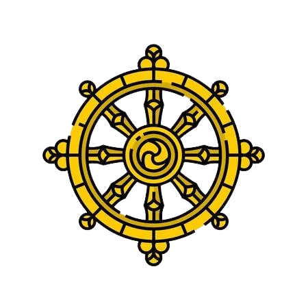 A golden ship's wheel with eight spokes against a black background.