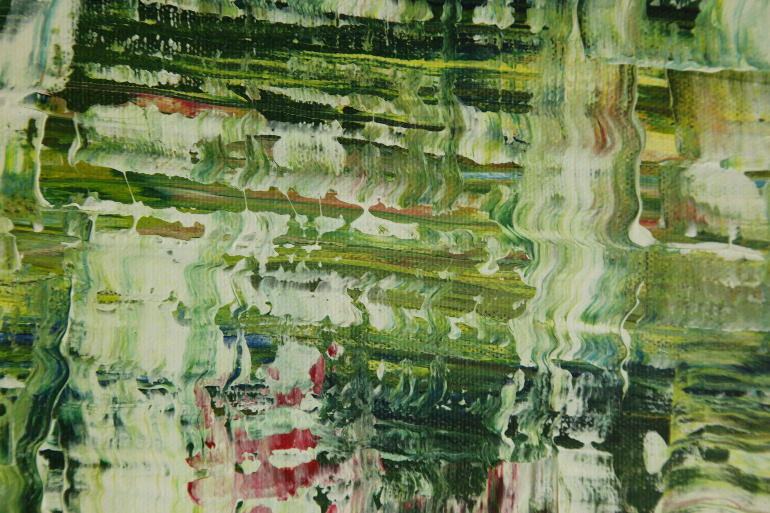 Abstract painting with green, white, red, and hints of yellow and blue colors, featuring wavy and streaky brushstrokes.