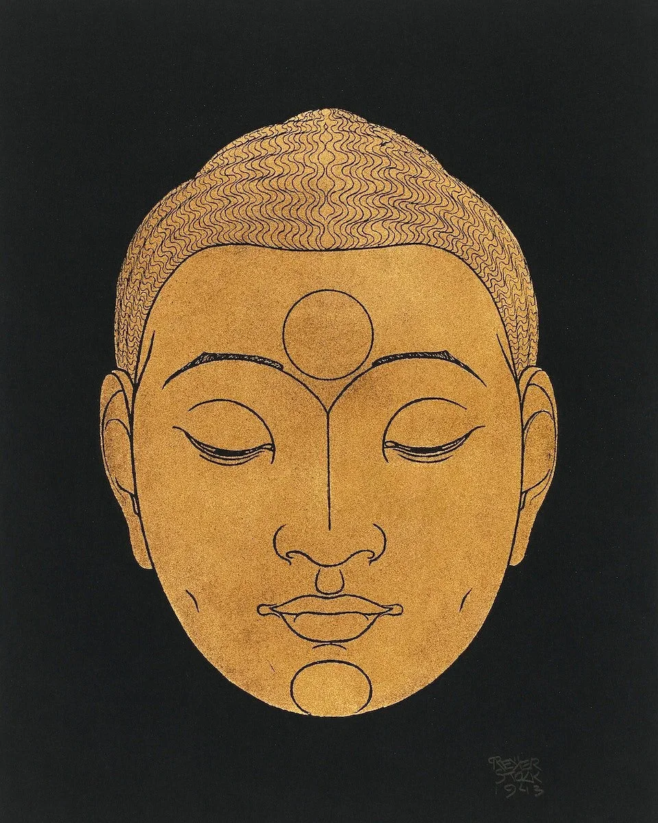 A minimalist drawing of a serene face with closed eyes, depicted with simple black lines and gold background, featuring three circles on the forehead, nose, and chin, against a black background.