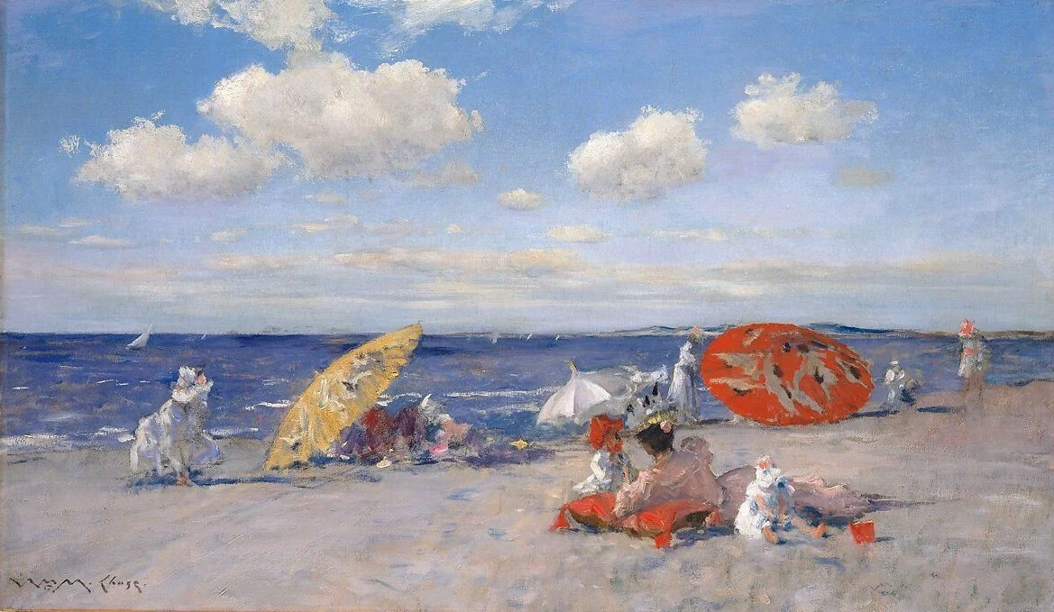 A painting of a beach scene with people under umbrellas, some sitting on the sand, some near the water, with clouds in the sky.