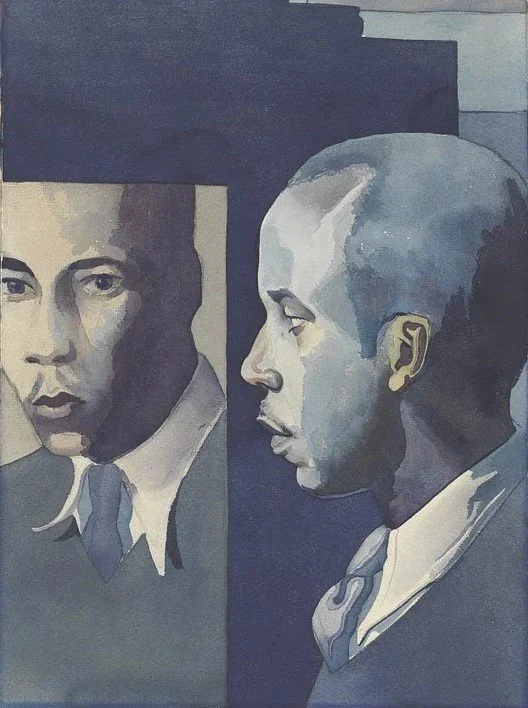 Painting of two men, one in front of the other, with the man on the left facing forward and the man on the right in profile, both wearing suits and ties, in shades of blue and gray.