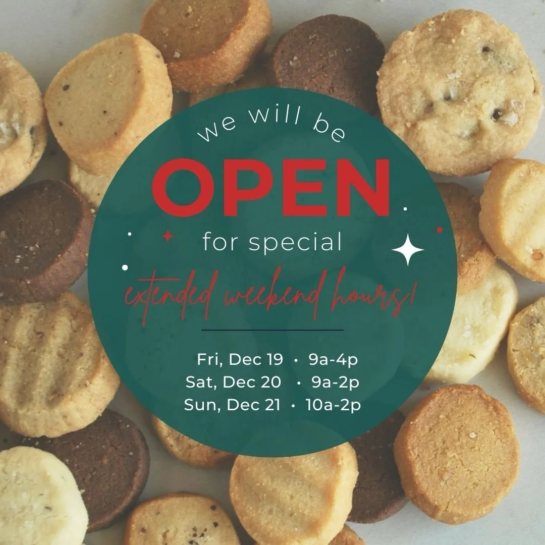 Come see us this weekend! We&rsquo;ll be here on Saturday AND Sunday for last minute bakes and gifting needs before we close for winter break! ❄️ ☃️🧣 
Cindy might even be setting up some crafts for anyone who feels like tapping into their creative s
