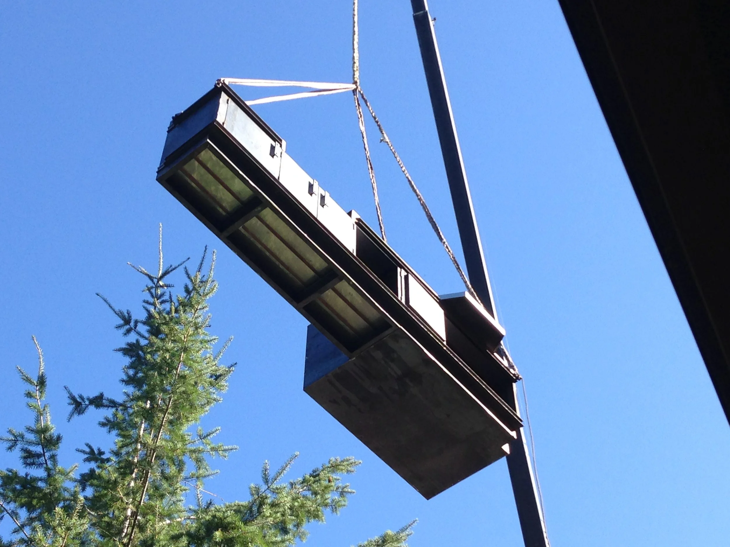 A moving bus stop sign with a black frame and glass panels is hanging from a pole against a clear blue sky. A green pine tree is visible below the sign.