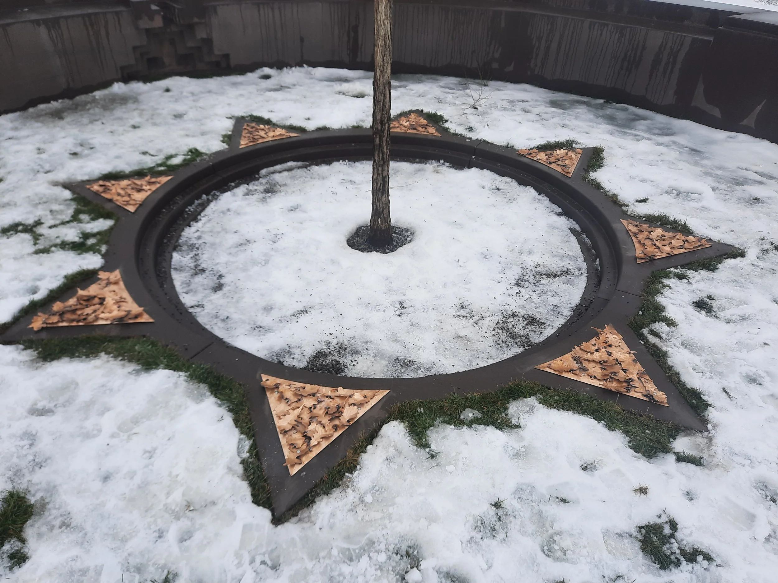 A circular planter with a young tree in the center, surrounded by white snow and snow-covered greenery, with decorative brown leaf-shaped tiles on the outer edge of the planter.