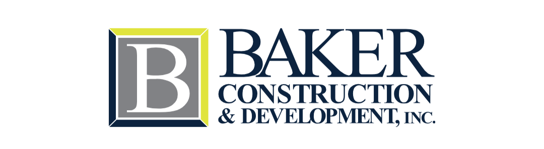 Logo for Baker Construction & Development, Inc., featuring a stylized 'B' inside a square with black, grey, yellow, and blue borders.