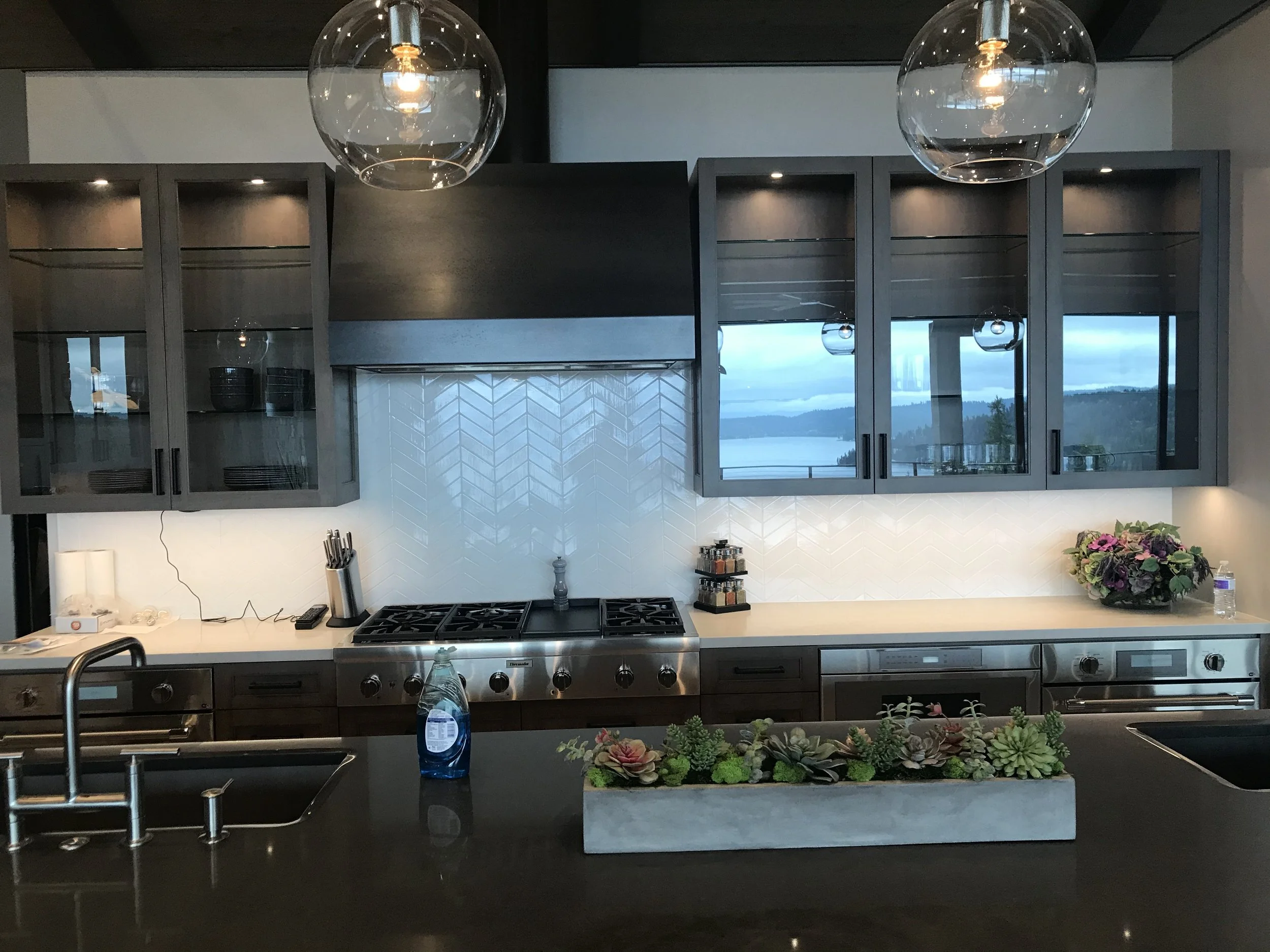 Modern kitchen with dark cabinets, white backsplash, stainless steel appliances, and large windows showing outdoor scenery, with decorative flowers and kitchen utensils on the counter.