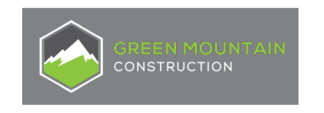 Logo for Green Mountain Construction featuring a mountain with a green base and white peaks inside a hexagon, with the company name in green and white text.