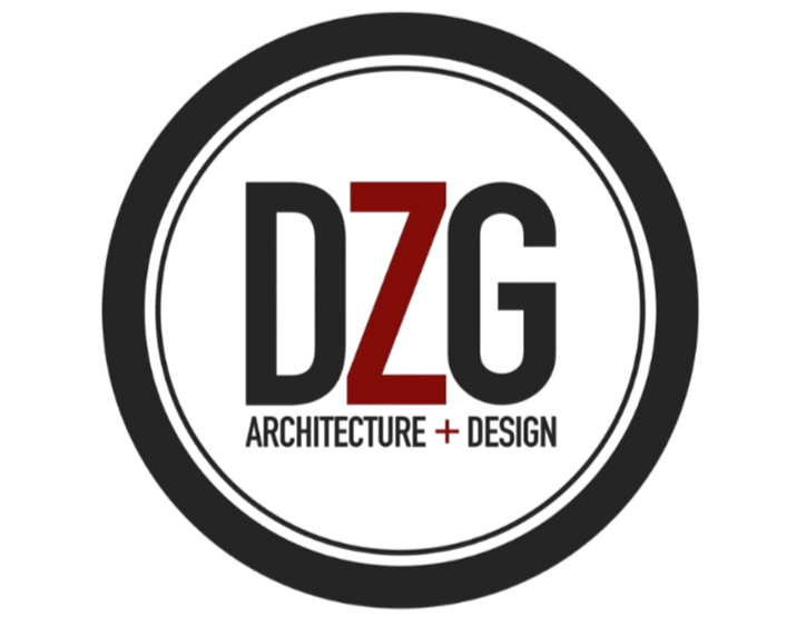 A circular logo with a black background, featuring the letters 'DZG' in the center, with 'Z' in red and the other letters in gray. Below, it says 'ARCHITECTURE + DESIGN' in smaller gray text.