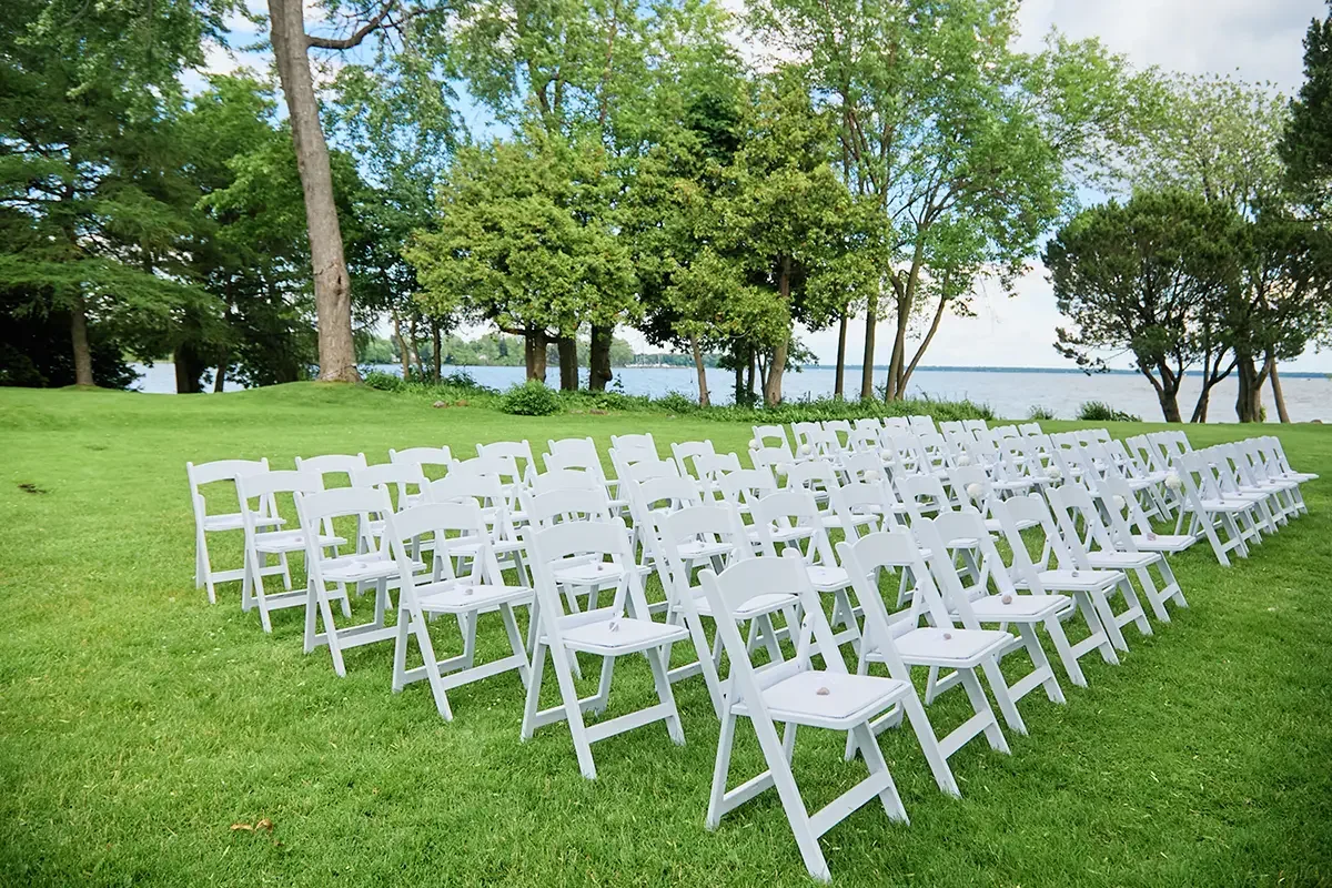 A photo of chairs set out for a wedding ceremony at the Forest and Stream club in Dorval, near Montreal.