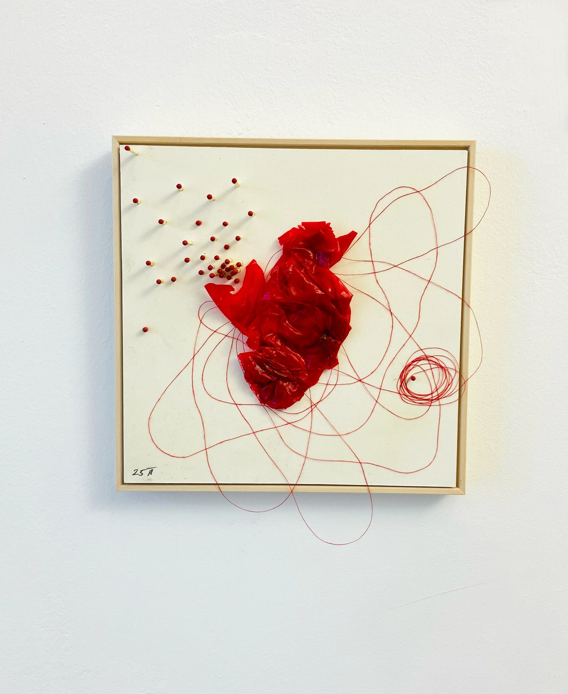  Fragile Ordnung IV 2025  
Streichhölzer, Plastikmüll und Fäden auf Papier 
(23 X 23 cm)