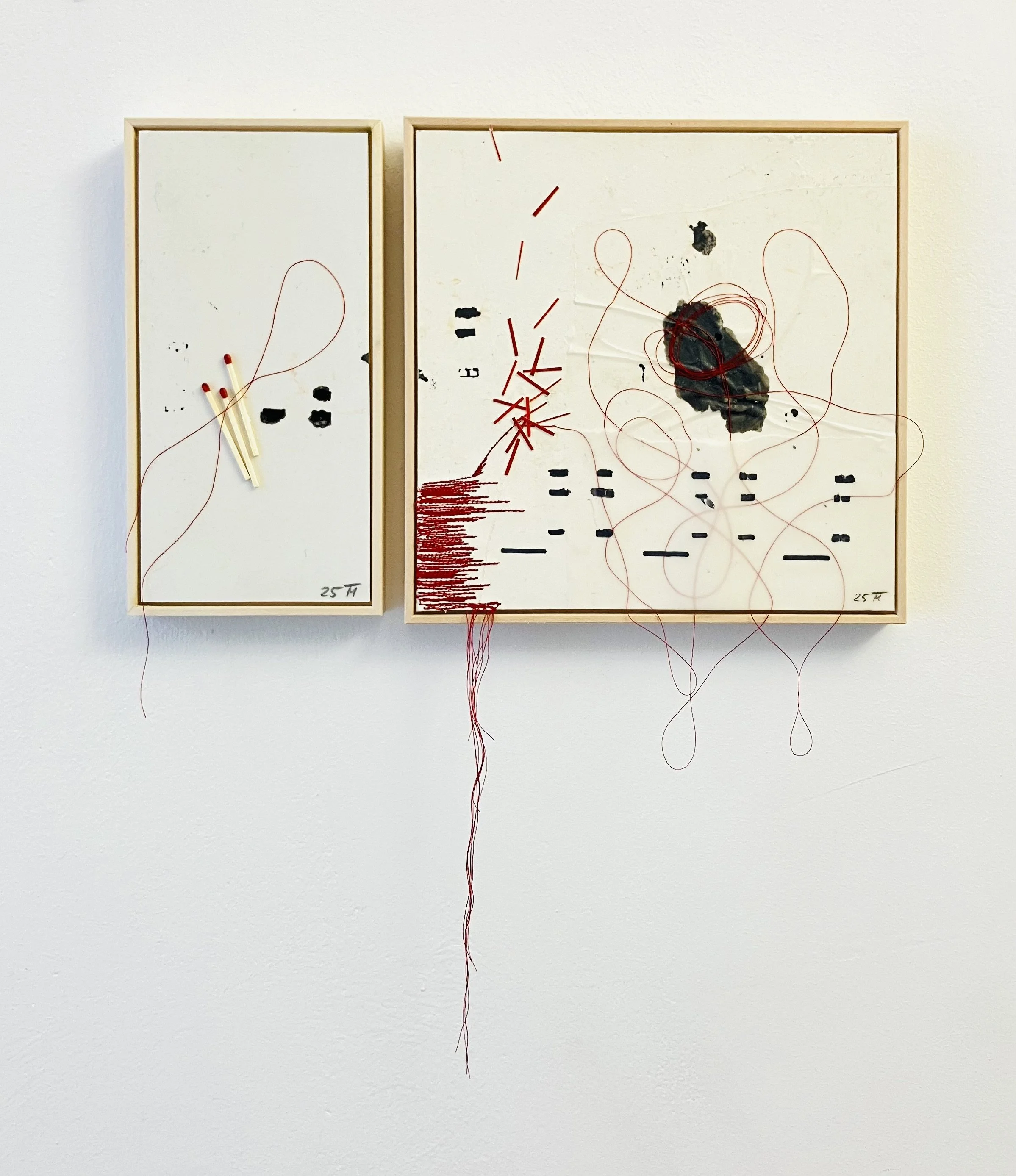  Fragile Ordnung III 2025  
Collage mit Tusche, Transparentpapier, Streichhölzer, Papierschnipsel und Fäden auf Papier 
(40 X 32 cm)