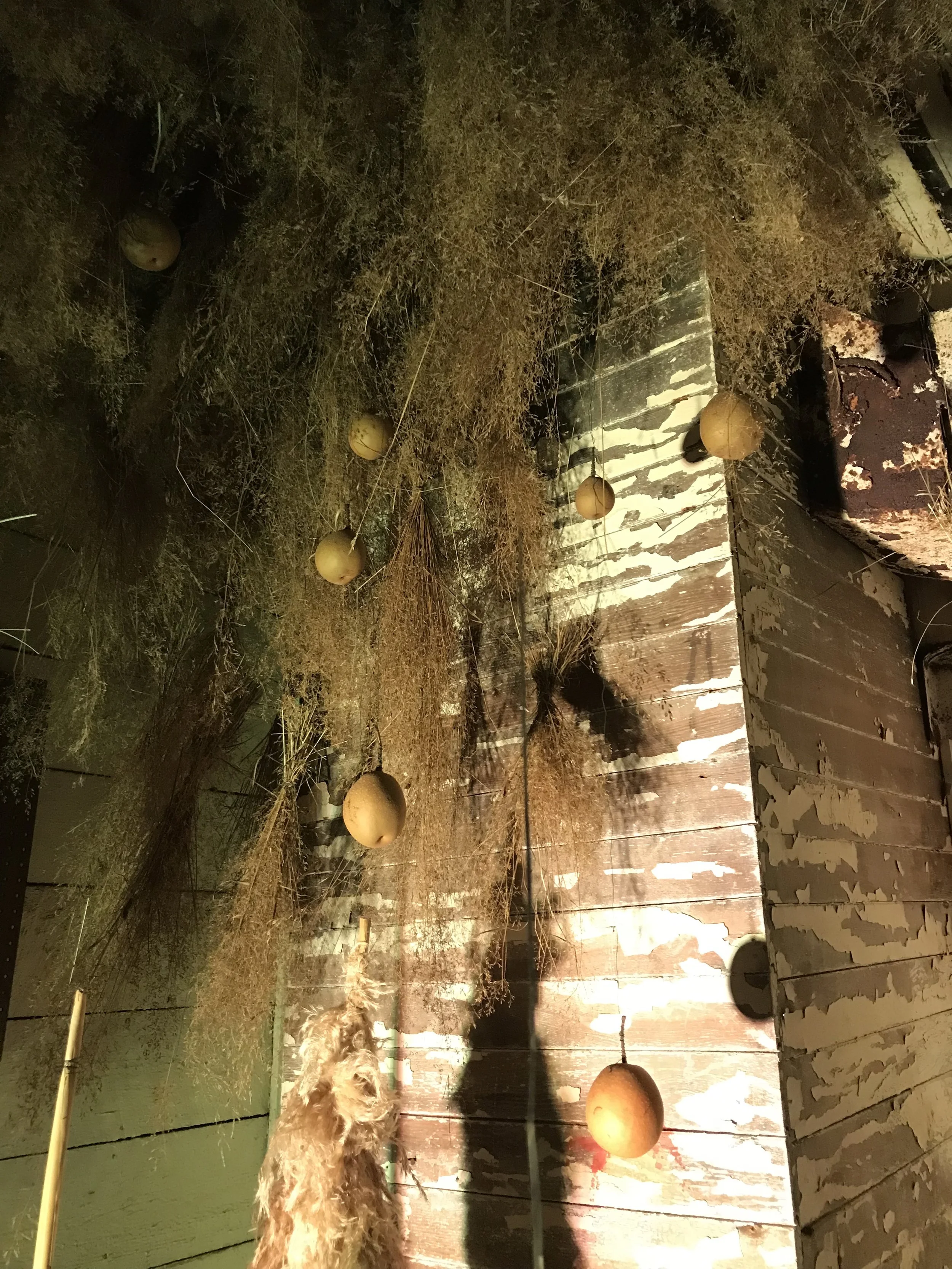 Nighttime outdoor scene with hanging spherical ornaments or decorations, some hanging from thin strings, next to an aged, weathered wall with peeling paint, and dry, sparse foliage.
