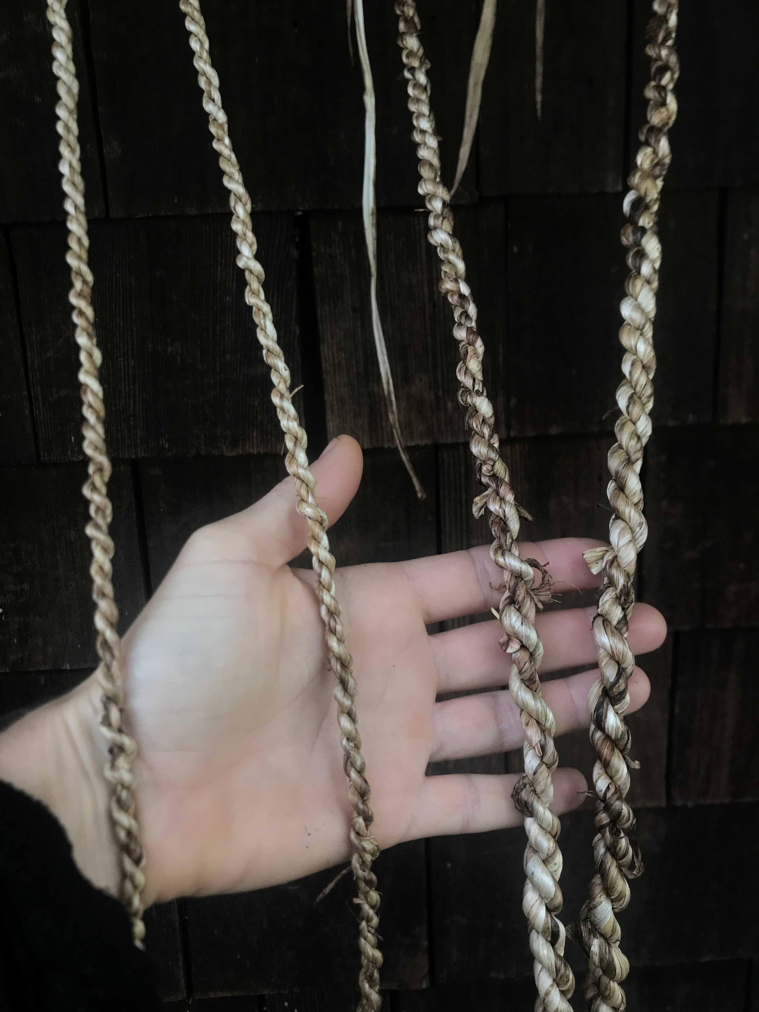 Hand holding multiple braided rope strands in front of a dark wooden background.