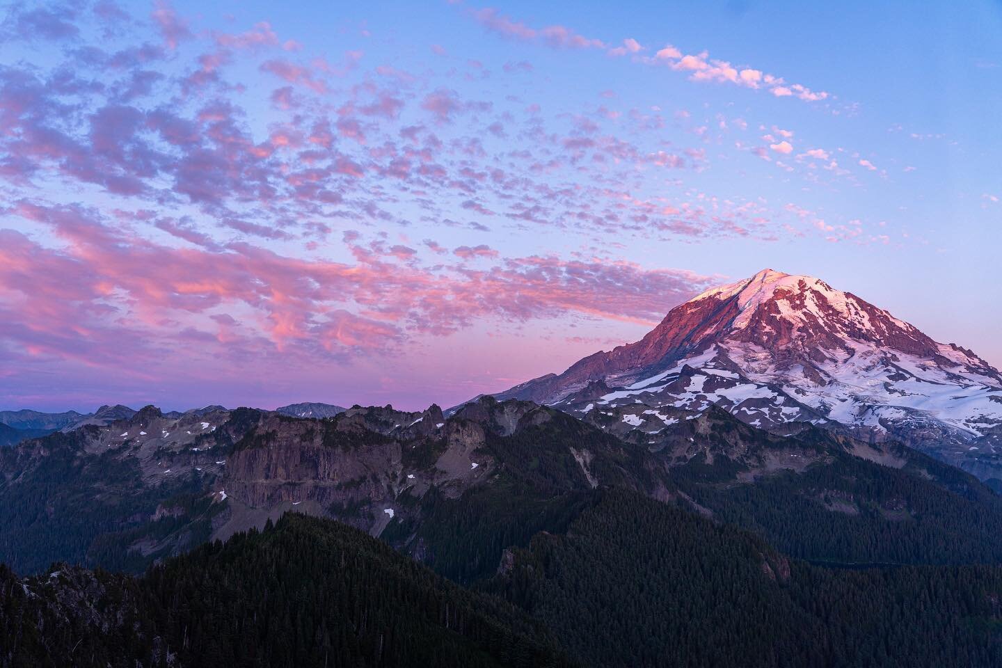 Just look at those colors in the sky! Never have I ever seen a more perfect cotton candy sunset 😍 Mount Rainier will always be perfect. Even when she&rsquo;s being bashful and hiding behind clouds 😂
.
Tolmie Peak sunset hike, July 2023
. 
.
.
#tolm