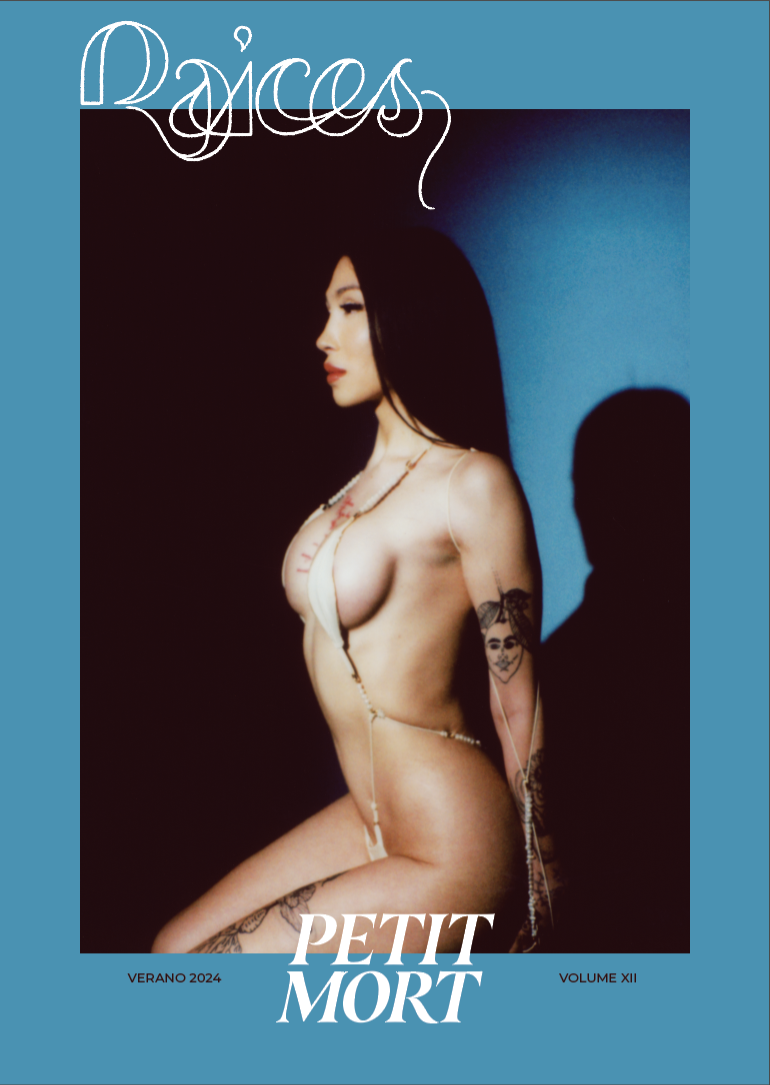 A woman with long black hair and tattoos, posing topless with a string jewelry, on the cover of Petit Mort magazine's Volume XII, Summer 2024 issue, with a shadowed figure in the background.