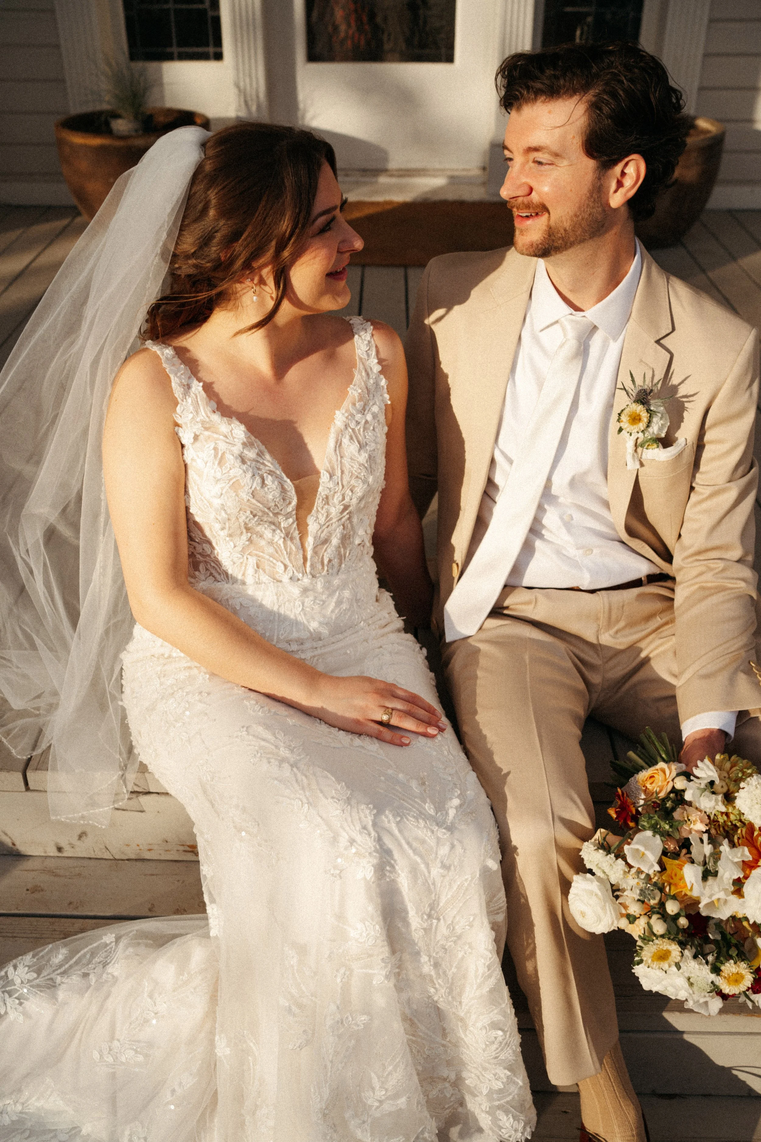 Sunset couple portrait by the mansion at The Grand Lady Austin wedding venue