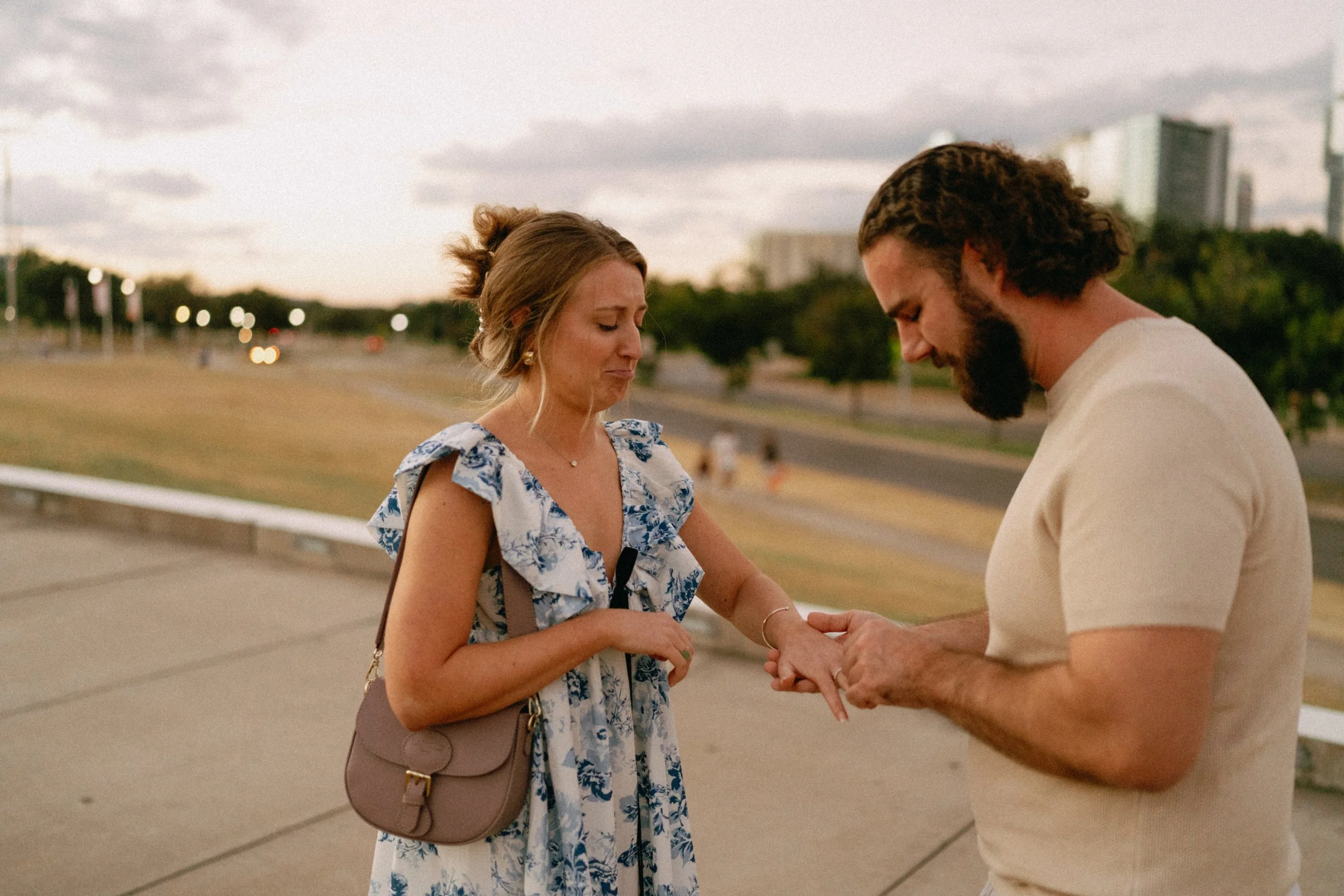 Bride-to-be emotional as fiancé proposes in Austin engagement photography session