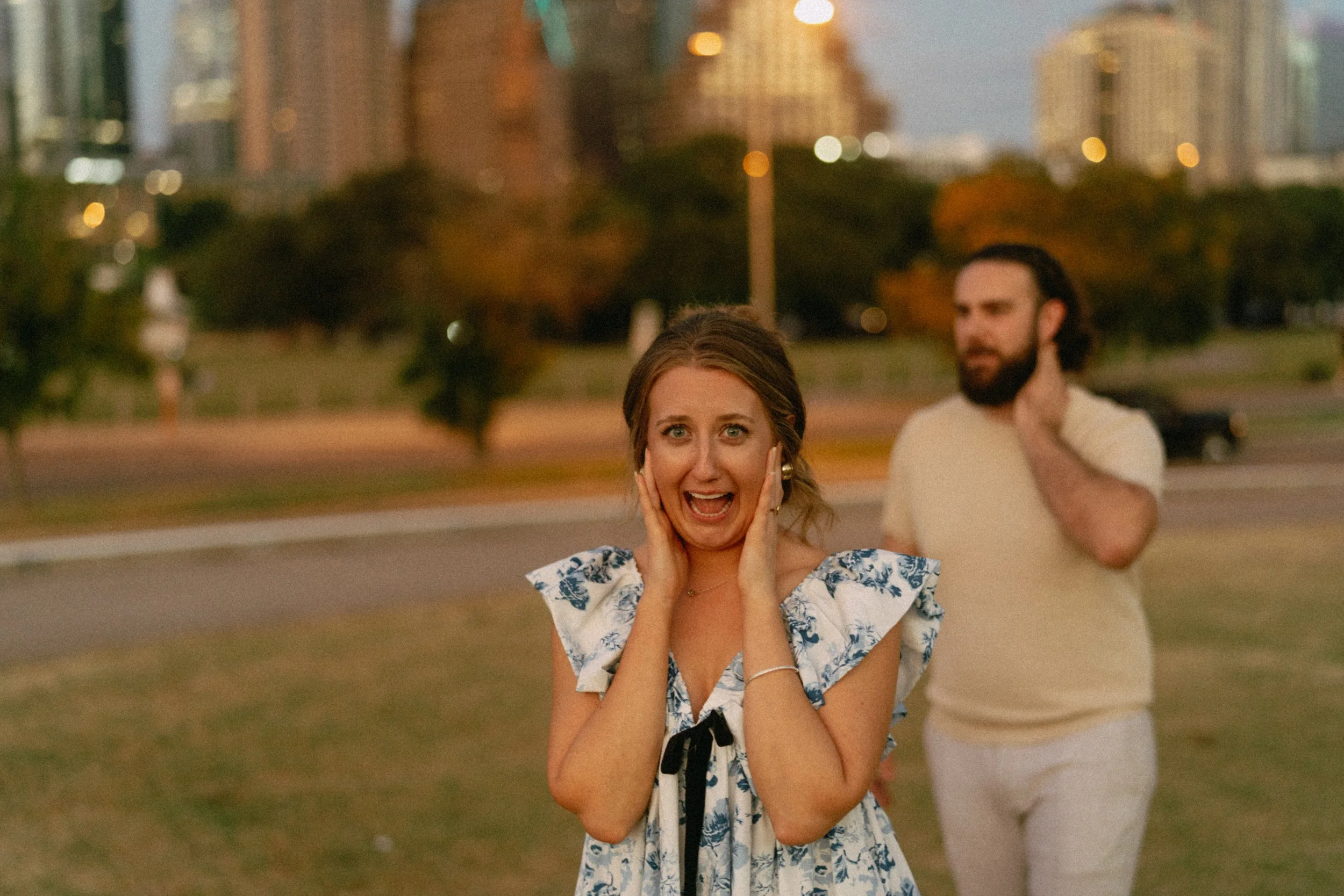Joyful moment at sunset proposal in Austin captured by wedding photographer