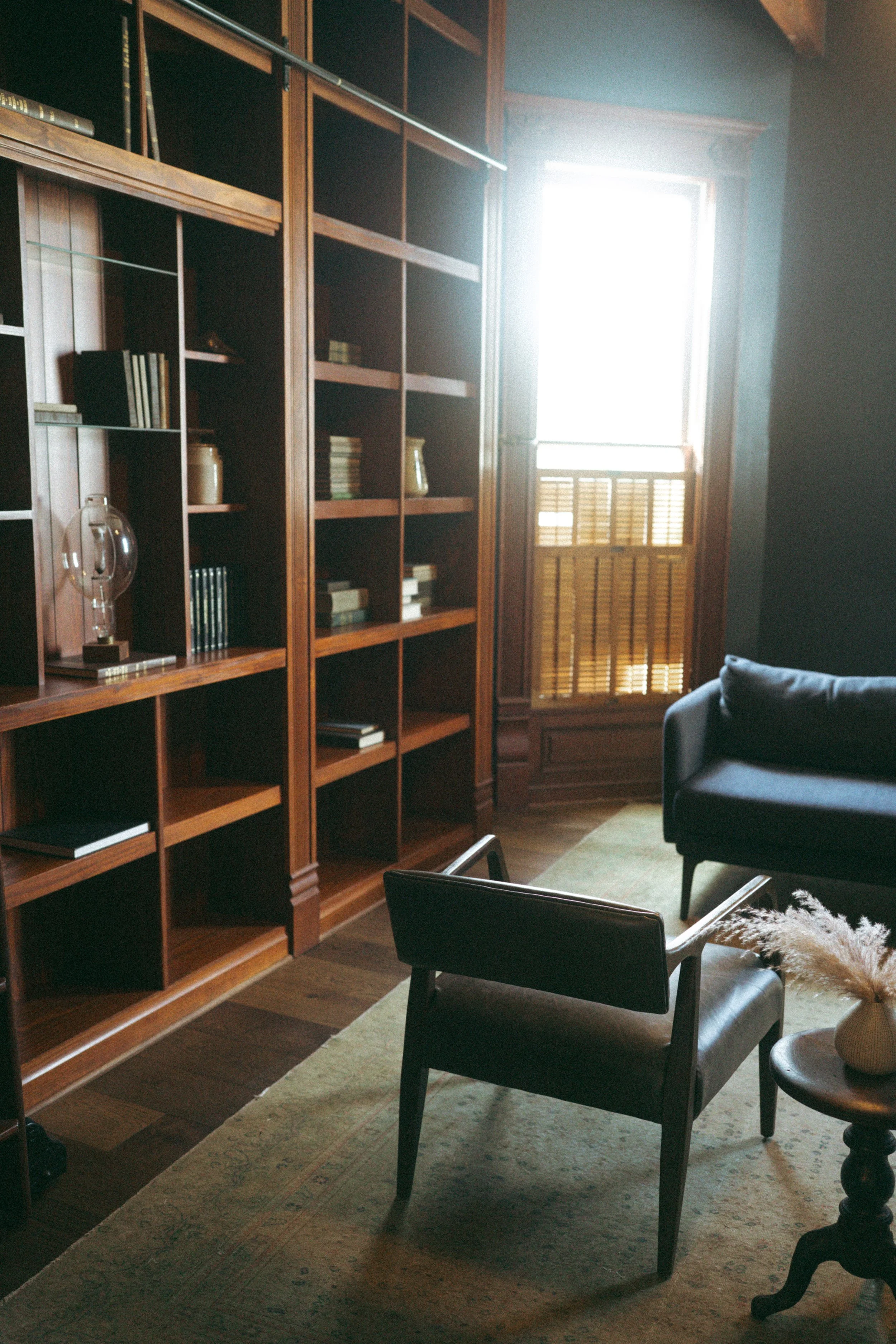 Old money aesthetic wedding library at The Grand Lady in manor tx