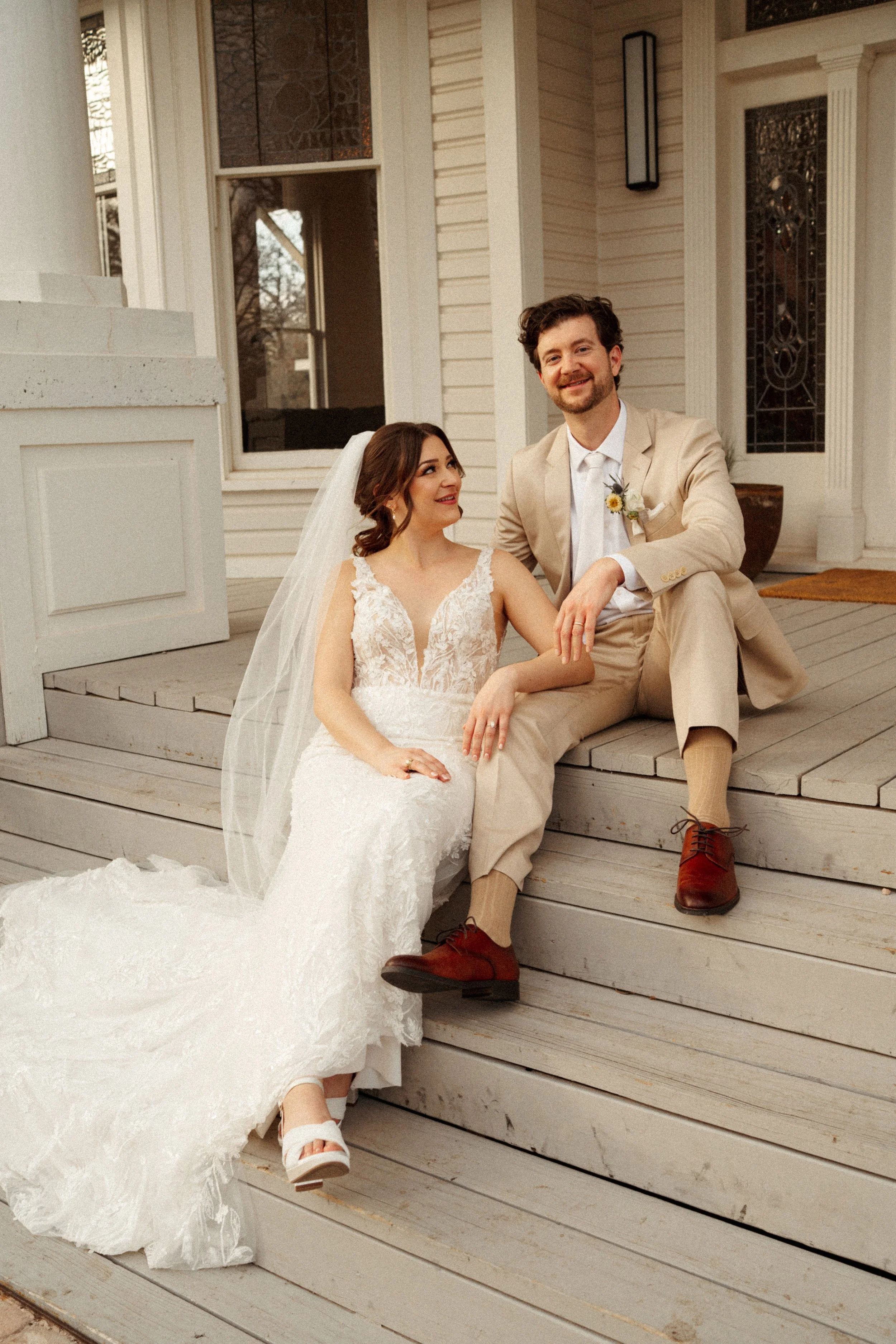 Sunset couple portrait by the mansion at The Grand Lady Austin wedding venue