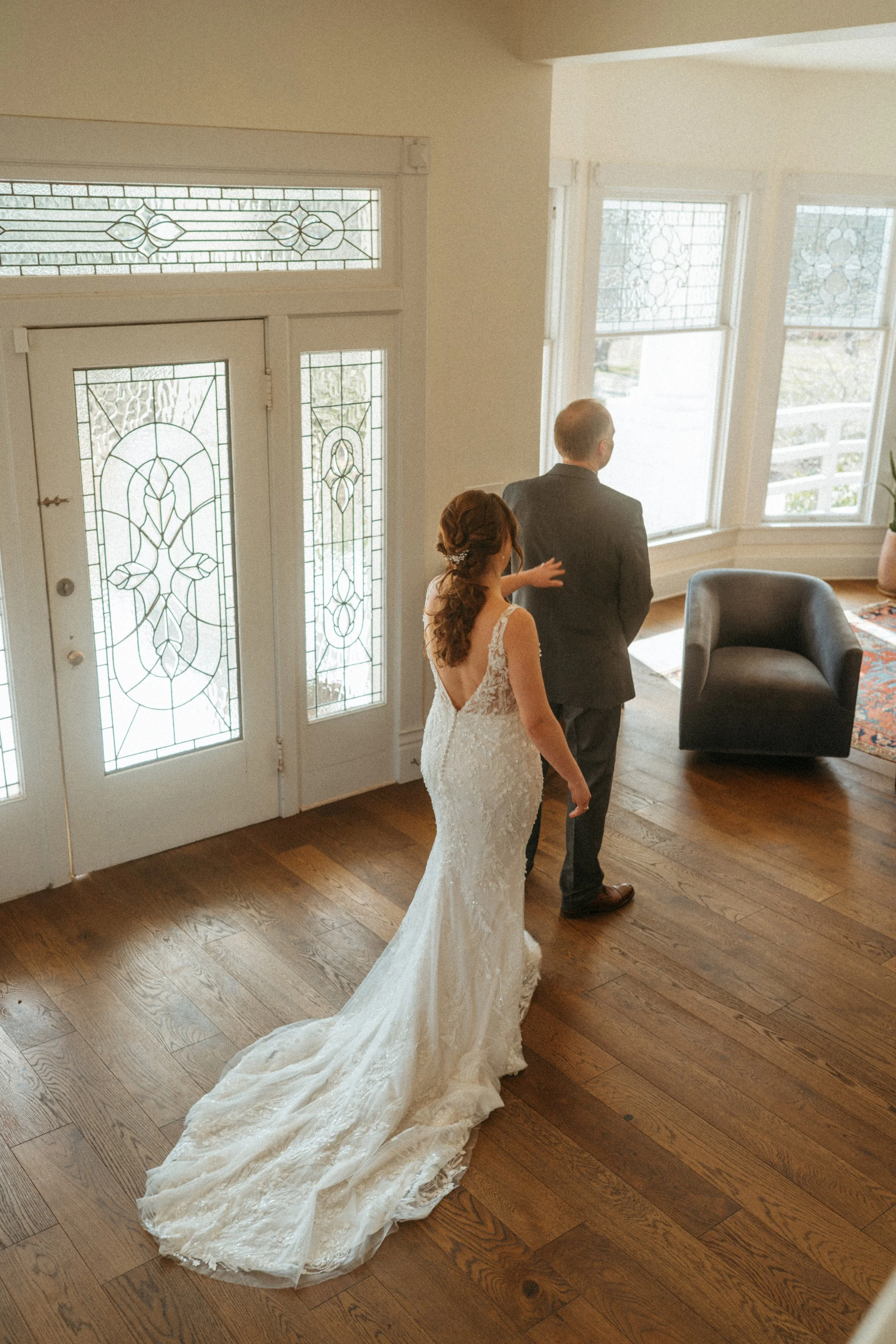 candid of the first look between the bride and the father of the bride at The Grand Lady in manor tx just outside of austin