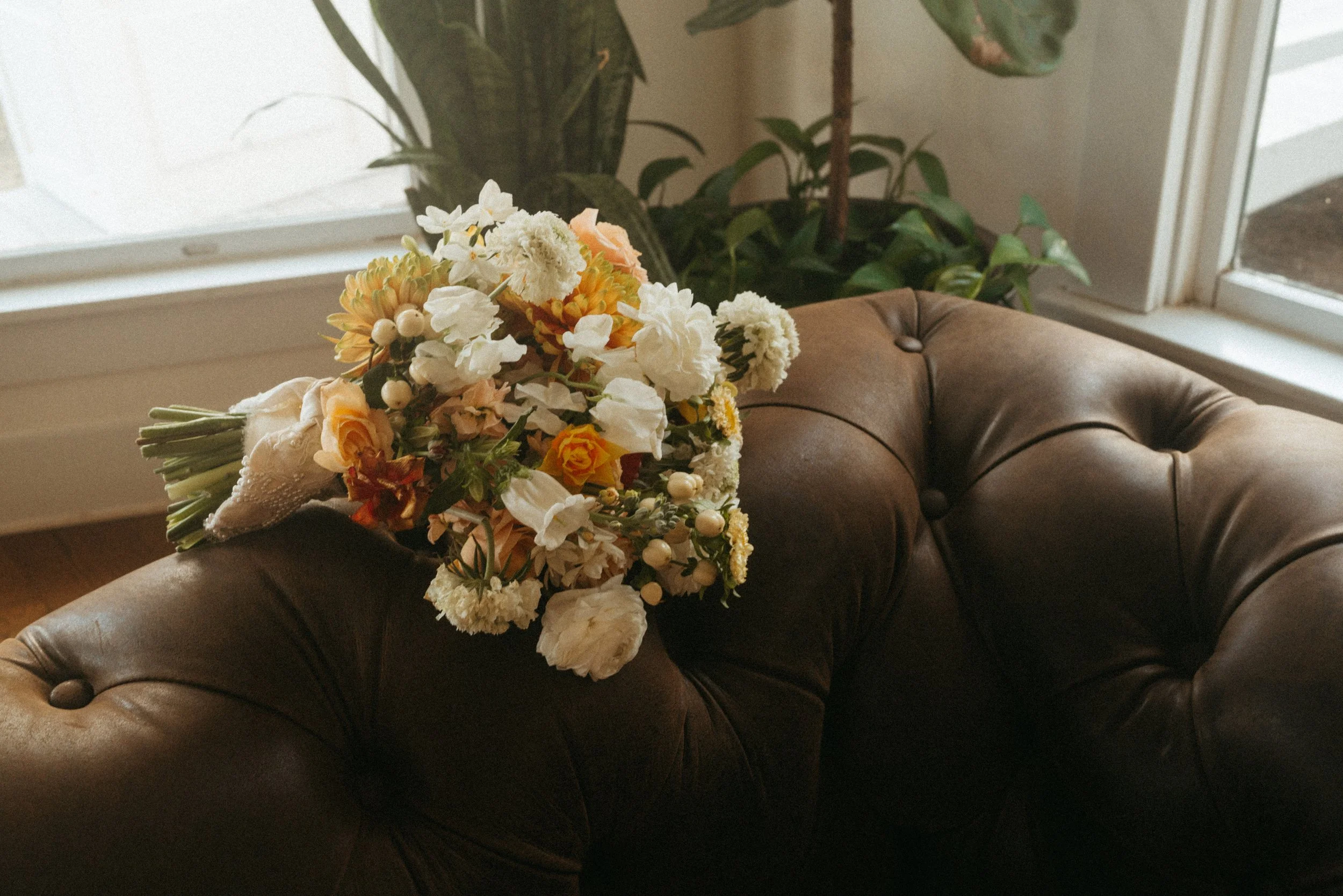 Bride’s bouquet in an old money living room at The Grand Lady Austin wedding