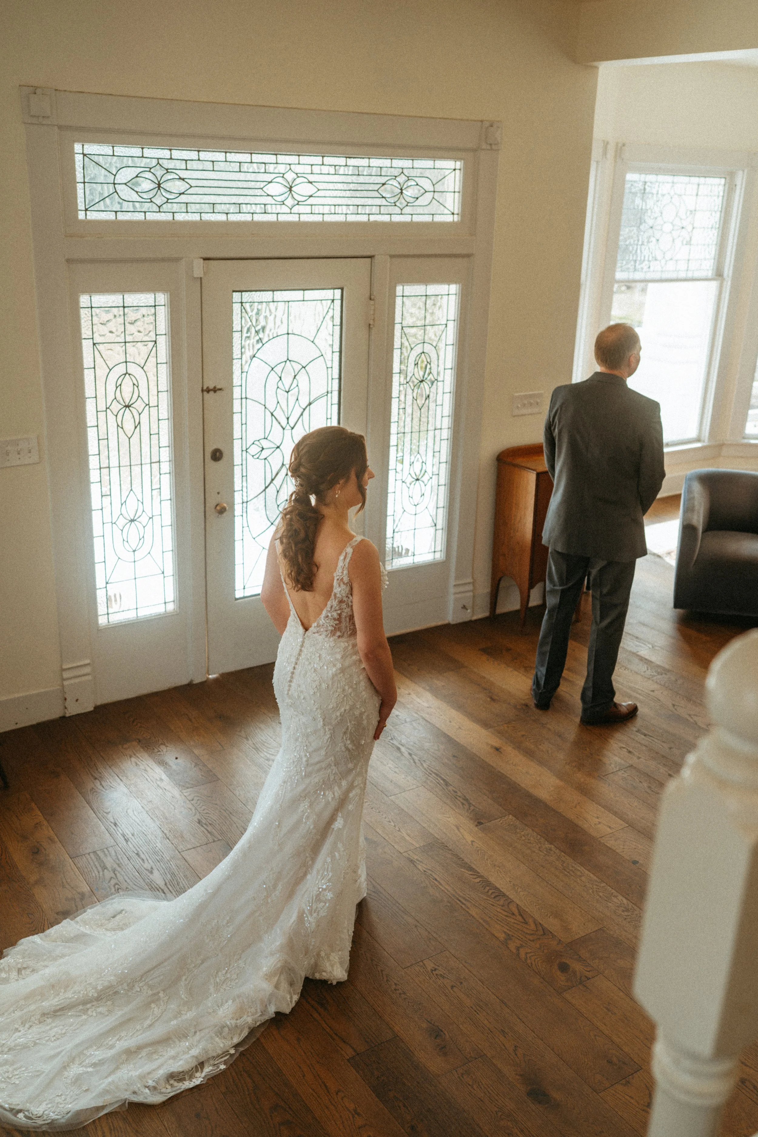 candid of the first look between the bride and the father of the bride at The Grand Lady in manor tx just outside of austin
