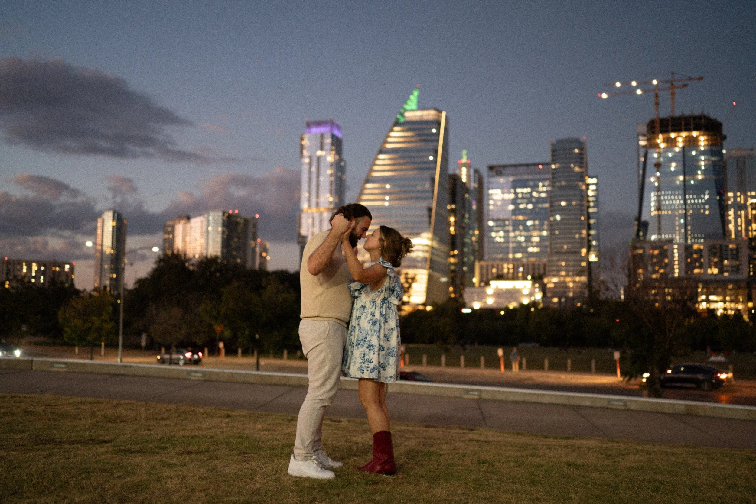 Joyful moment at sunset proposal in Austin captured by wedding photographer